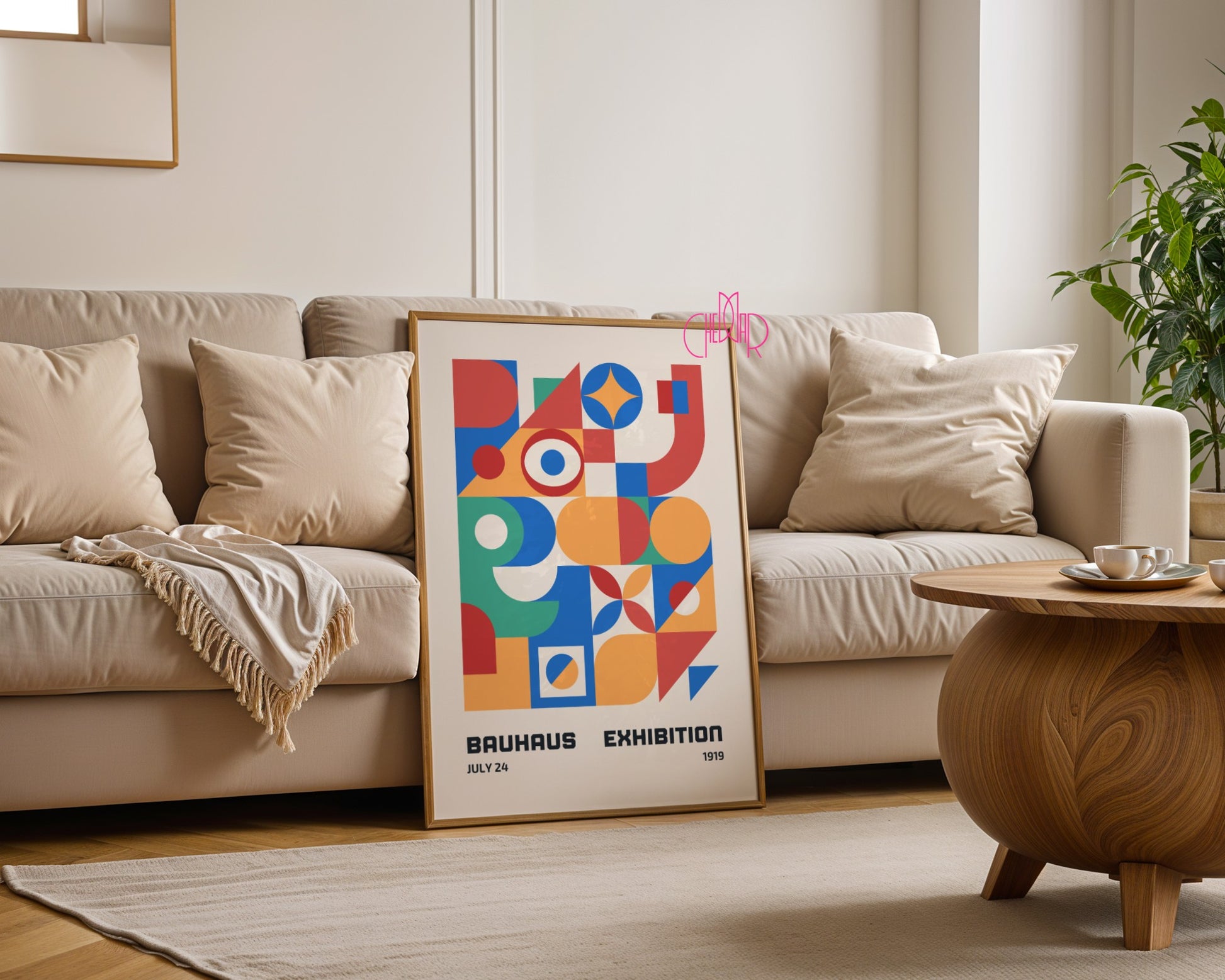 Bauhaus poster – Colorful abstract shapes on a beige background, exhibition 1919