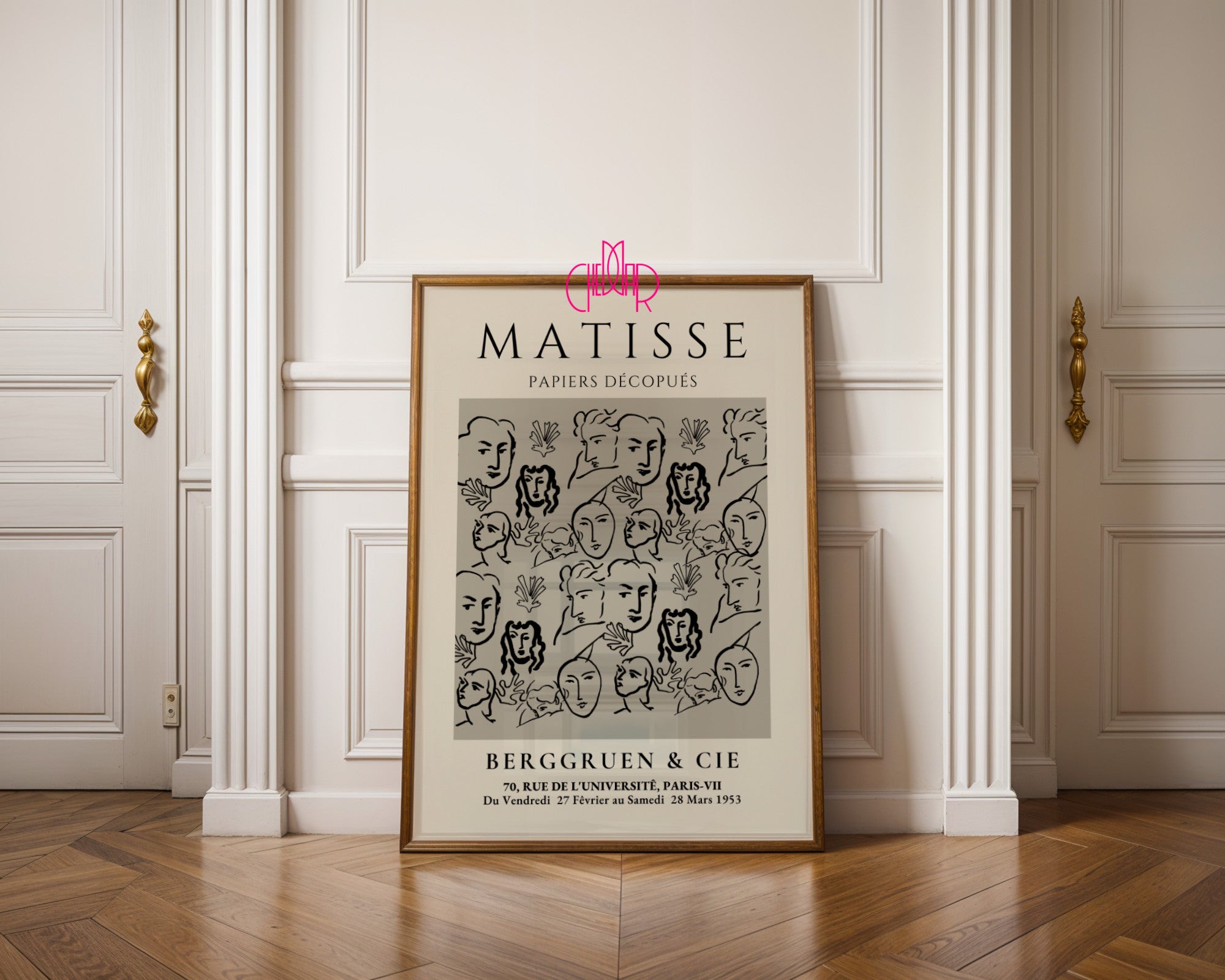 Bauhaus poster red "Eyes of the Prophet" on a navy blue background, modernism