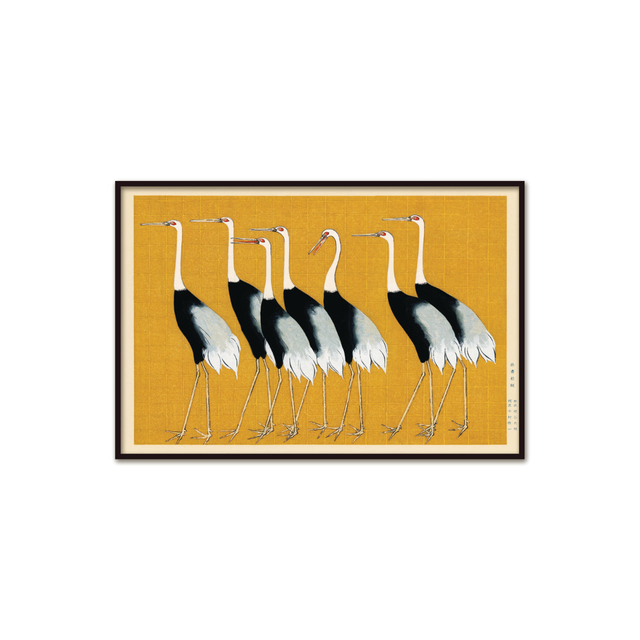 Poster Cranes on a yellow background, Japanese art, vintage, horizontal