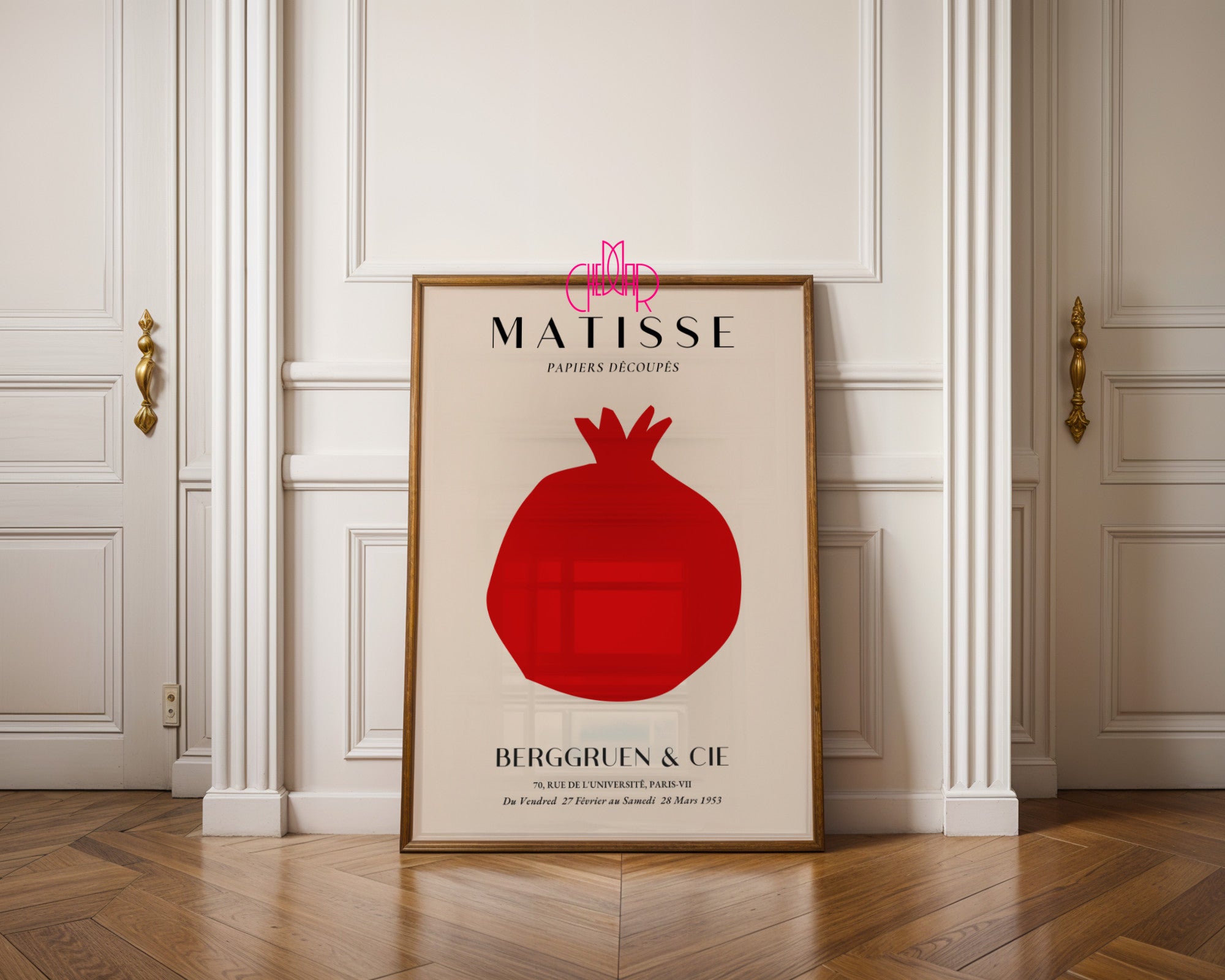 Bauhaus poster red "Eyes of the Prophet" on a navy blue background, modernism