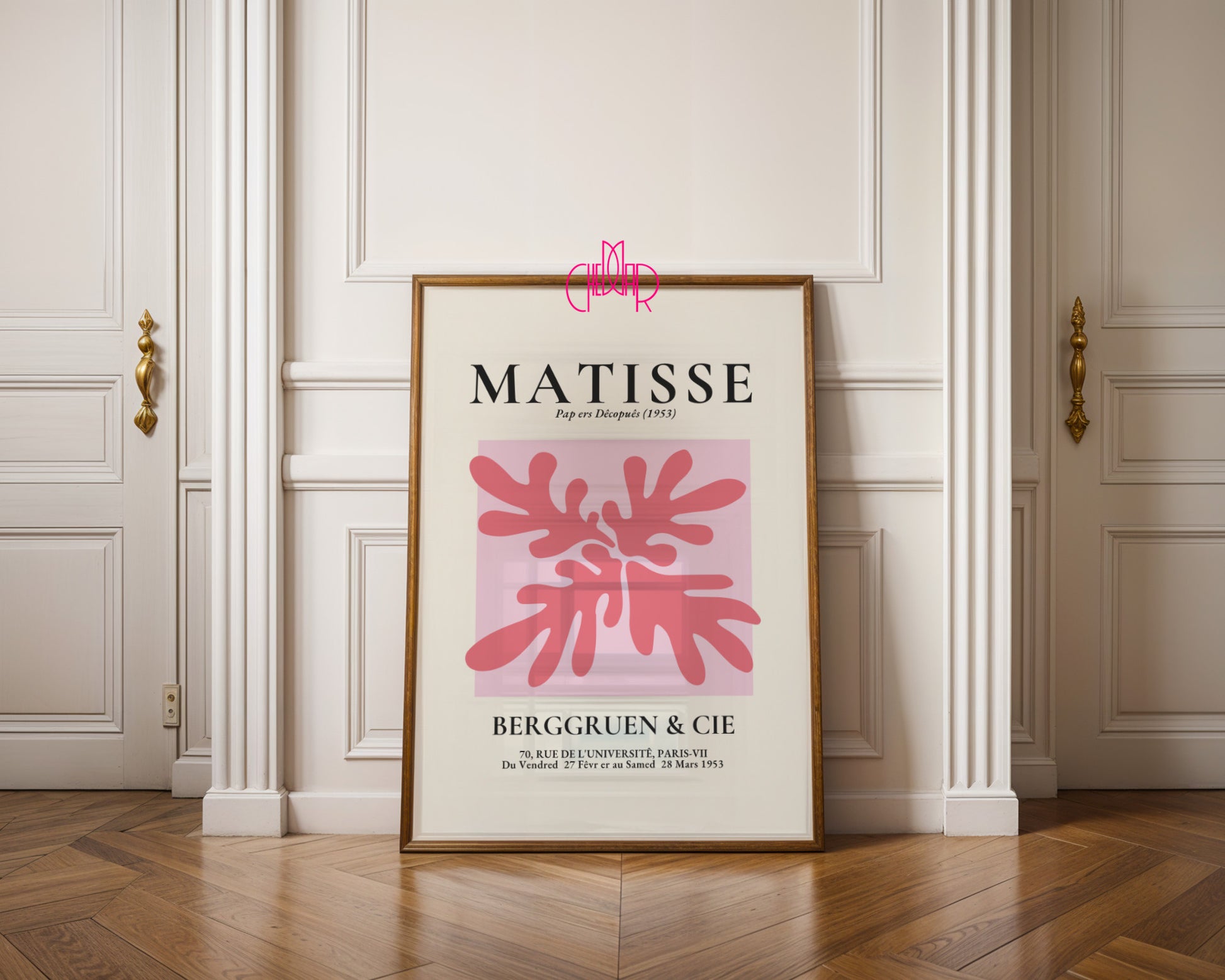 Bauhaus poster red "Eyes of the Prophet" on a navy blue background, modernism