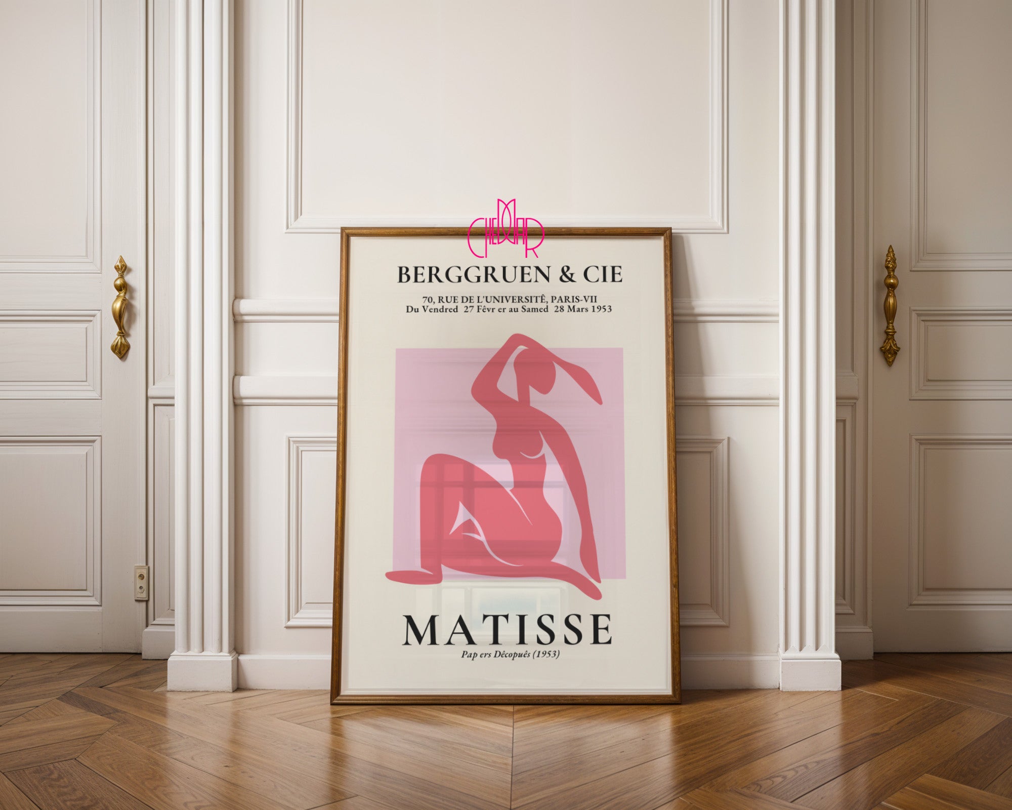 Bauhaus poster red "Eyes of the Prophet" on a navy blue background, modernism