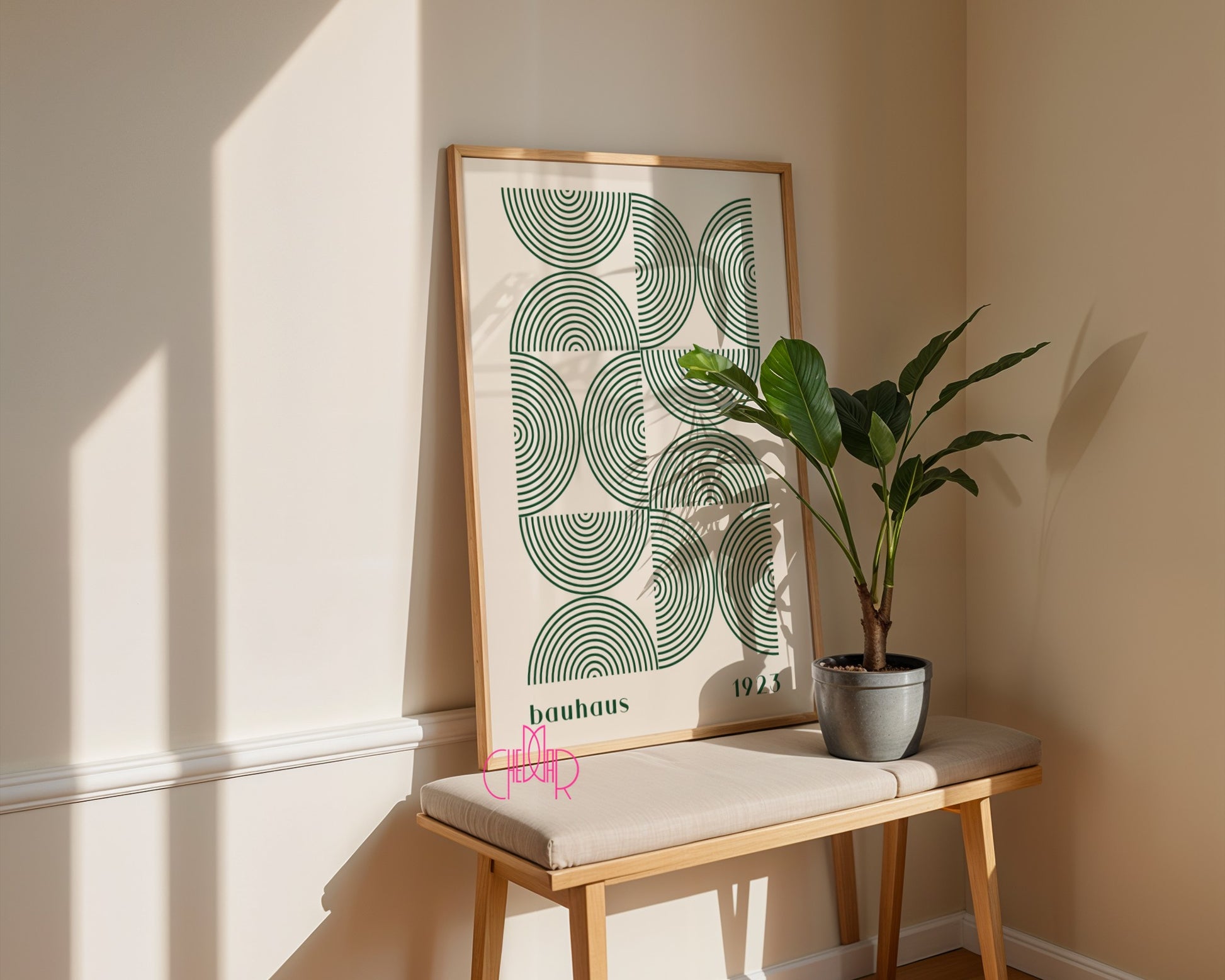 Bauhaus Poster – Green Semicircles on a Beige Background