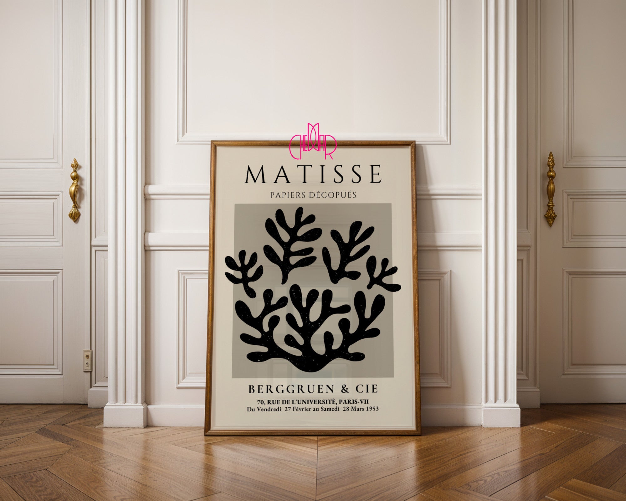 Bauhaus poster red "Eyes of the Prophet" on a navy blue background, modernism