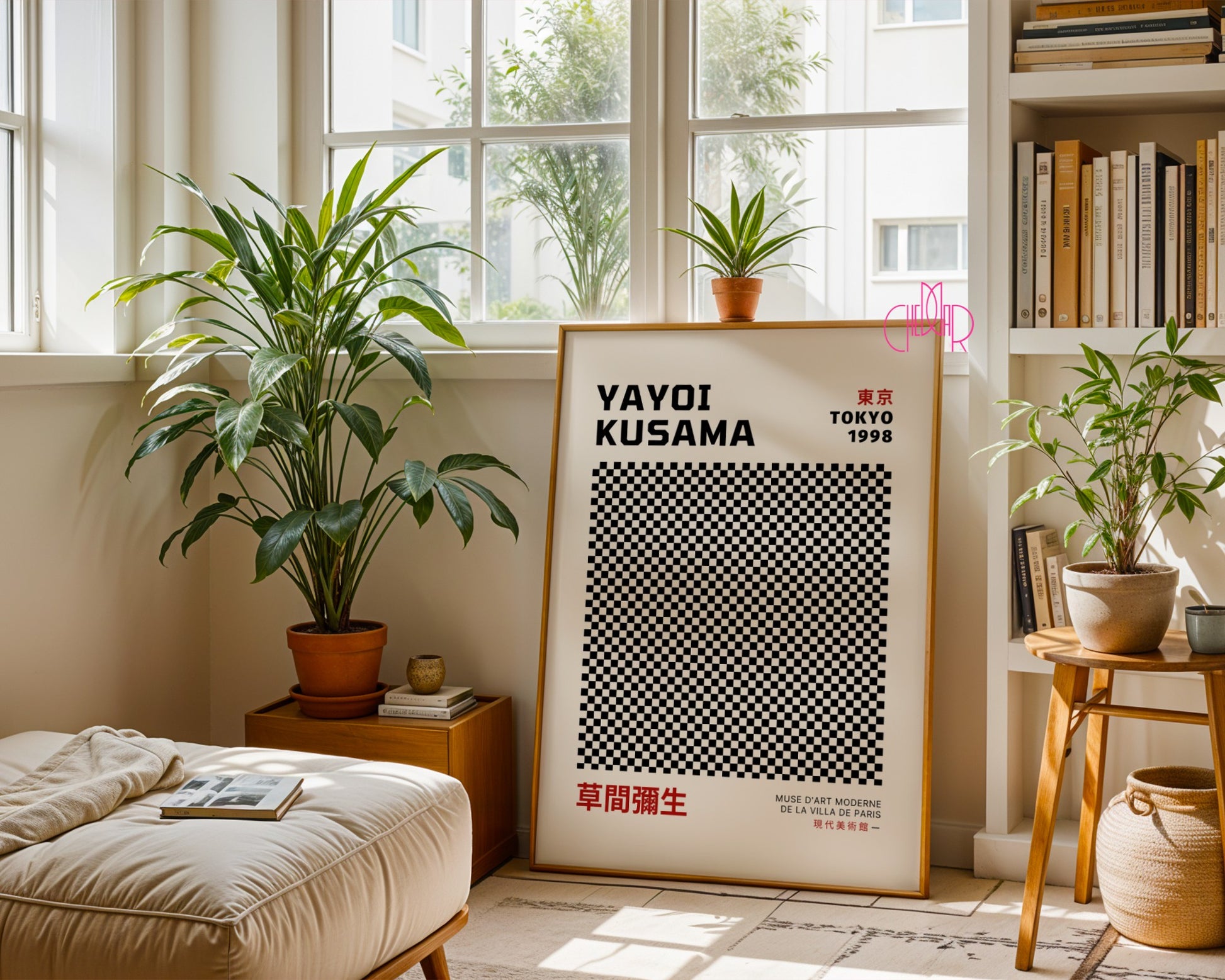 Yayoi Kusama poster, black and beige squares, checkerboard, Tokyo 1998