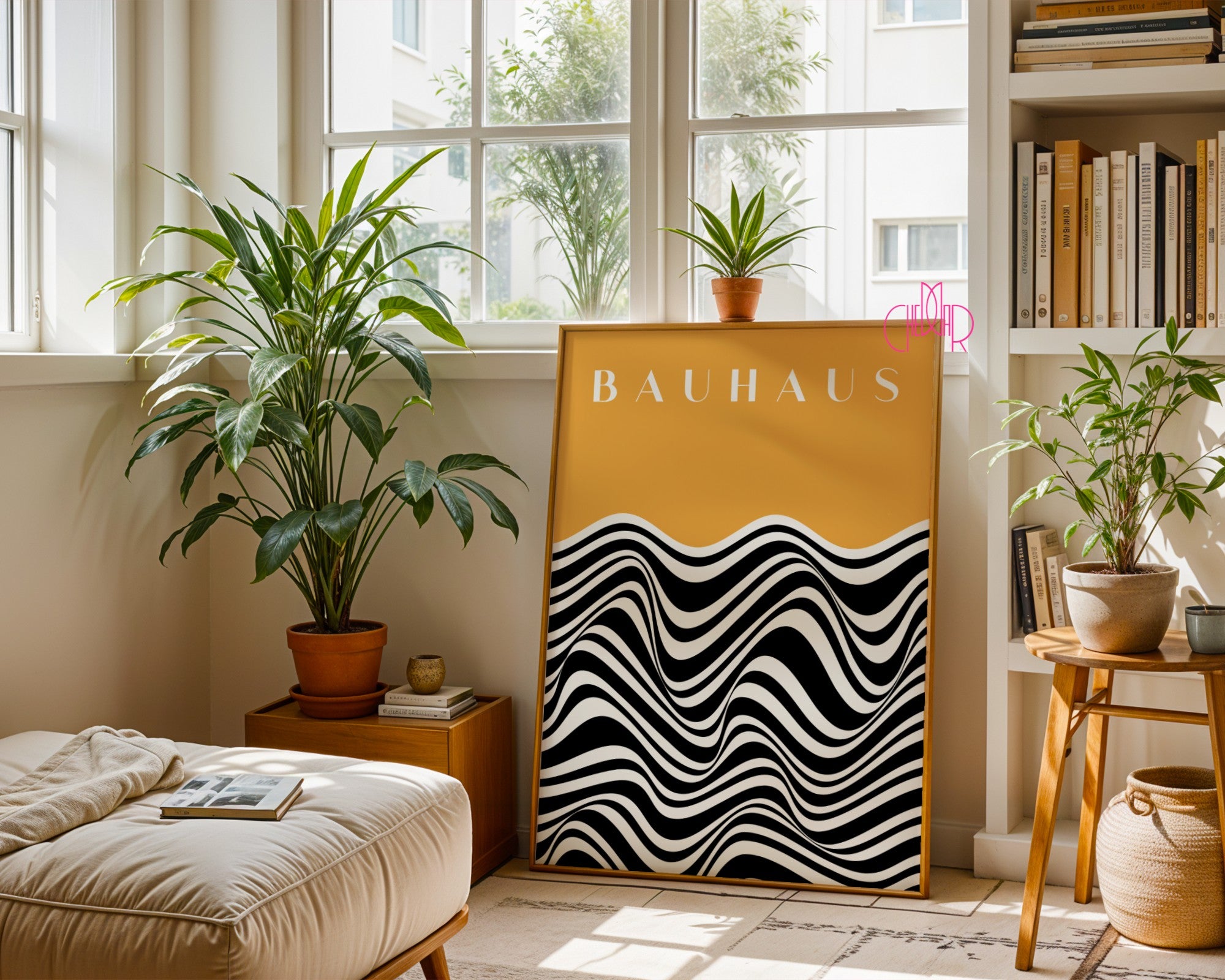 Bauhaus poster - black and white wavy lines on an orange background, vintage, retro