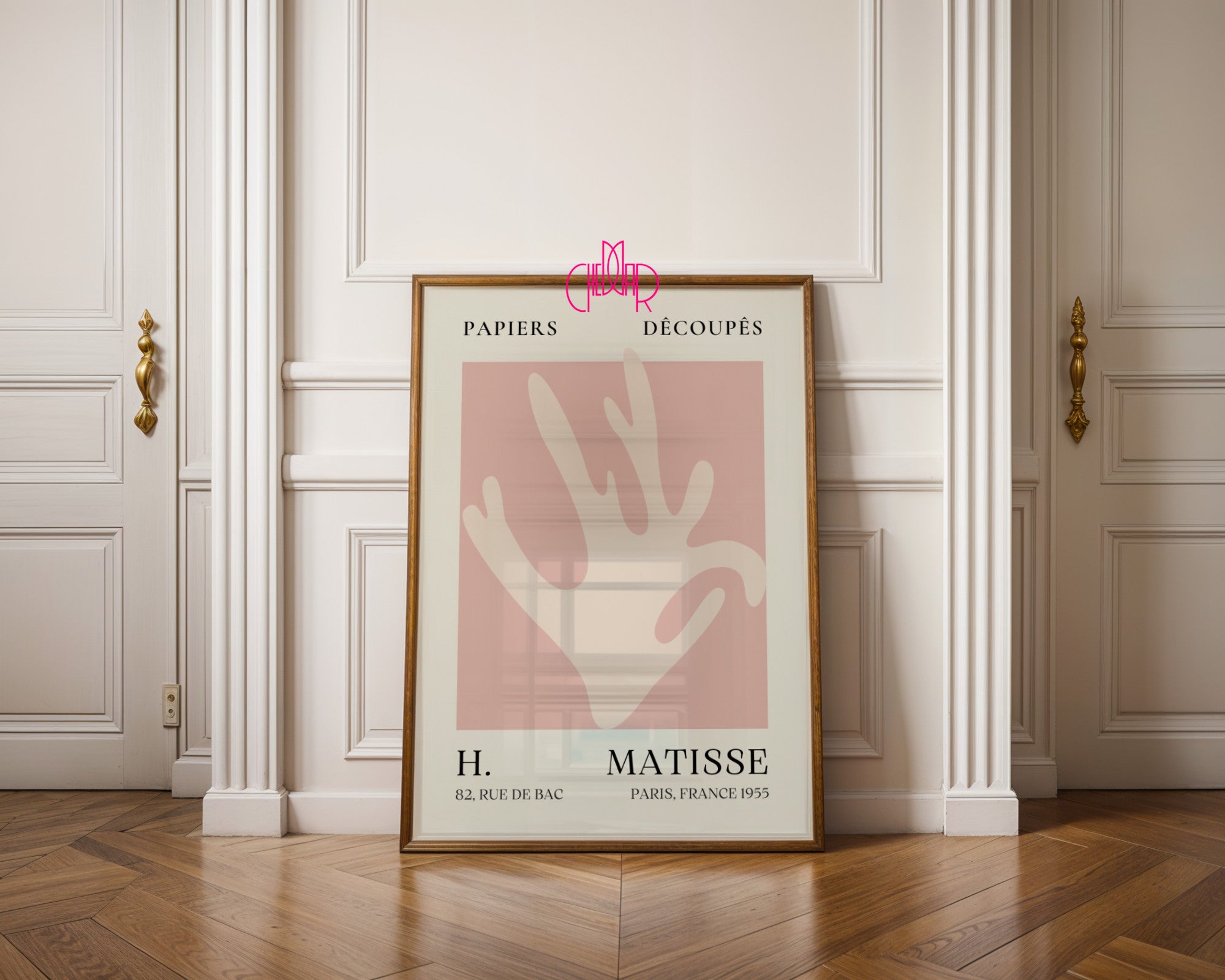 Bauhaus poster red "Eyes of the Prophet" on a navy blue background, modernism