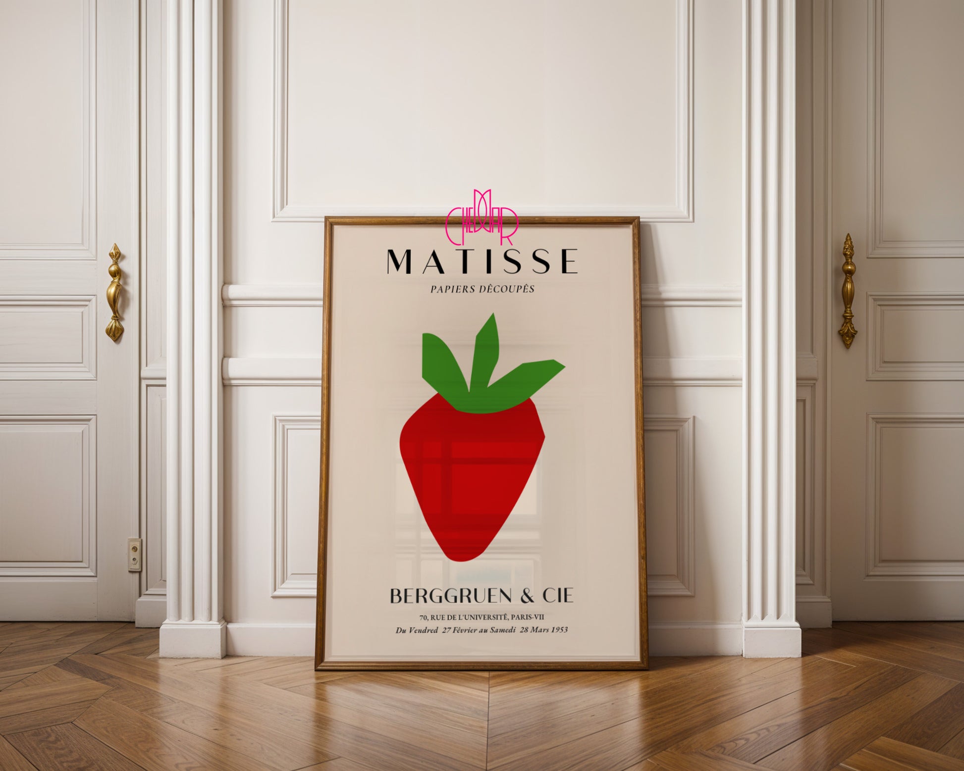 Bauhaus poster red "Eyes of the Prophet" on a navy blue background, modernism