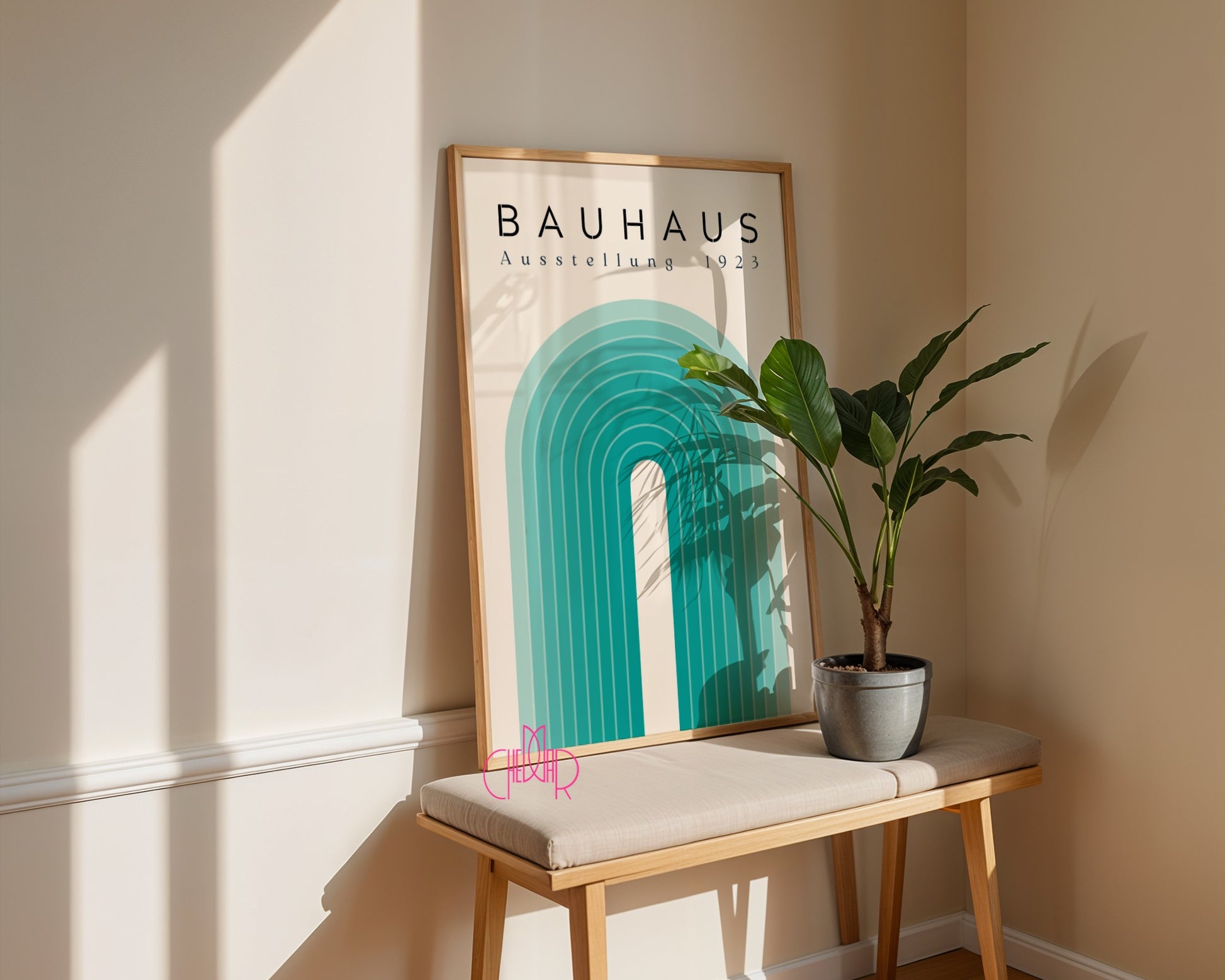 Bauhaus poster – Turquoise lines on a beige background, exhibition 1919