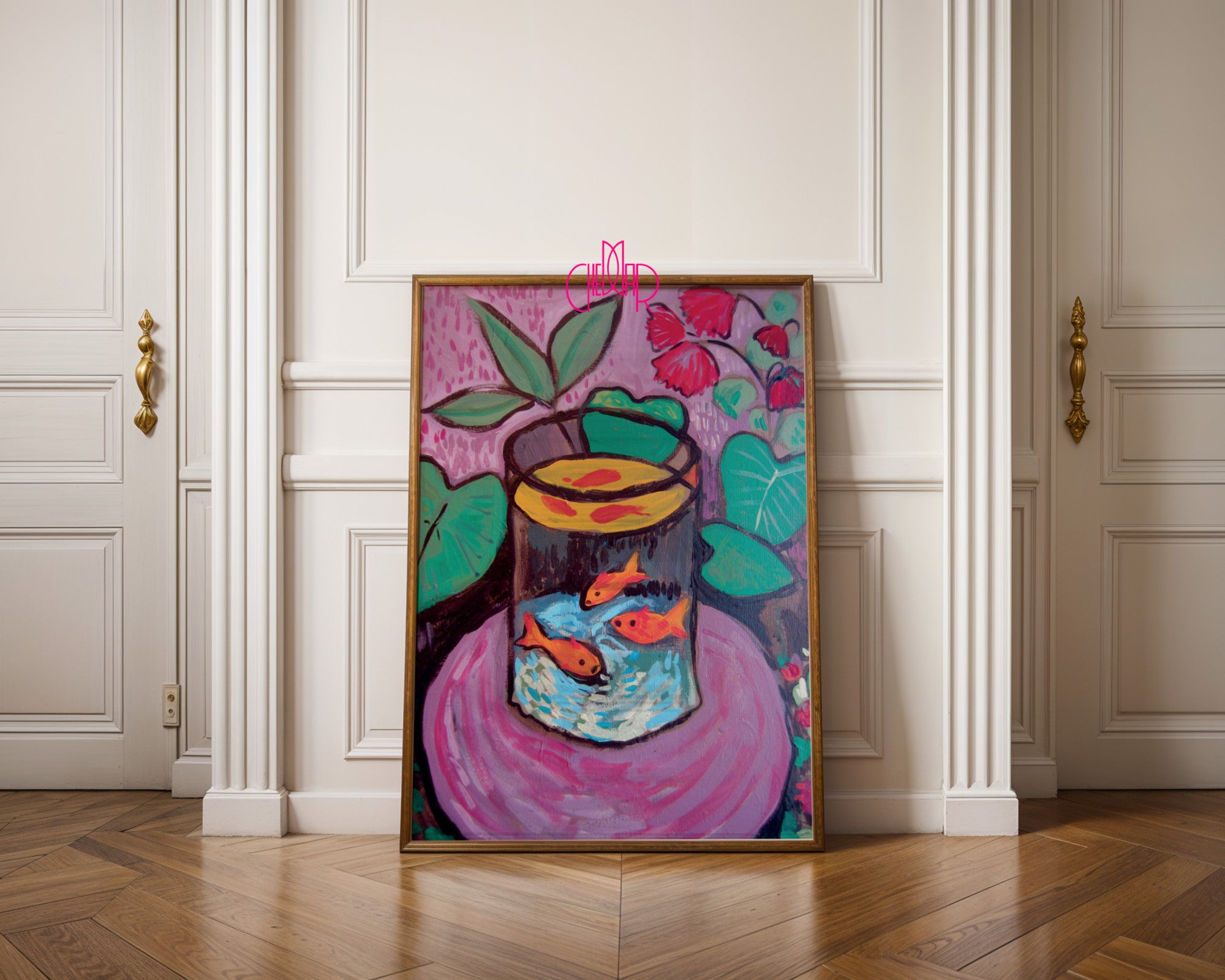 Bauhaus poster red "Eyes of the Prophet" on a navy blue background, modernism