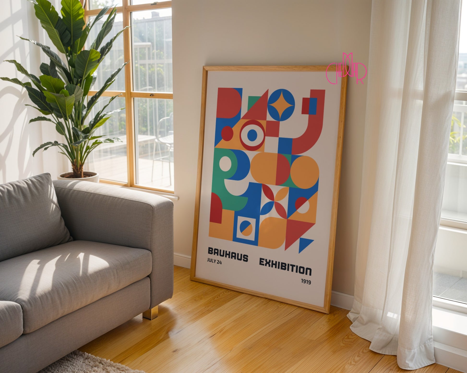 Bauhaus poster – Colorful abstract shapes on a beige background, exhibition 1919