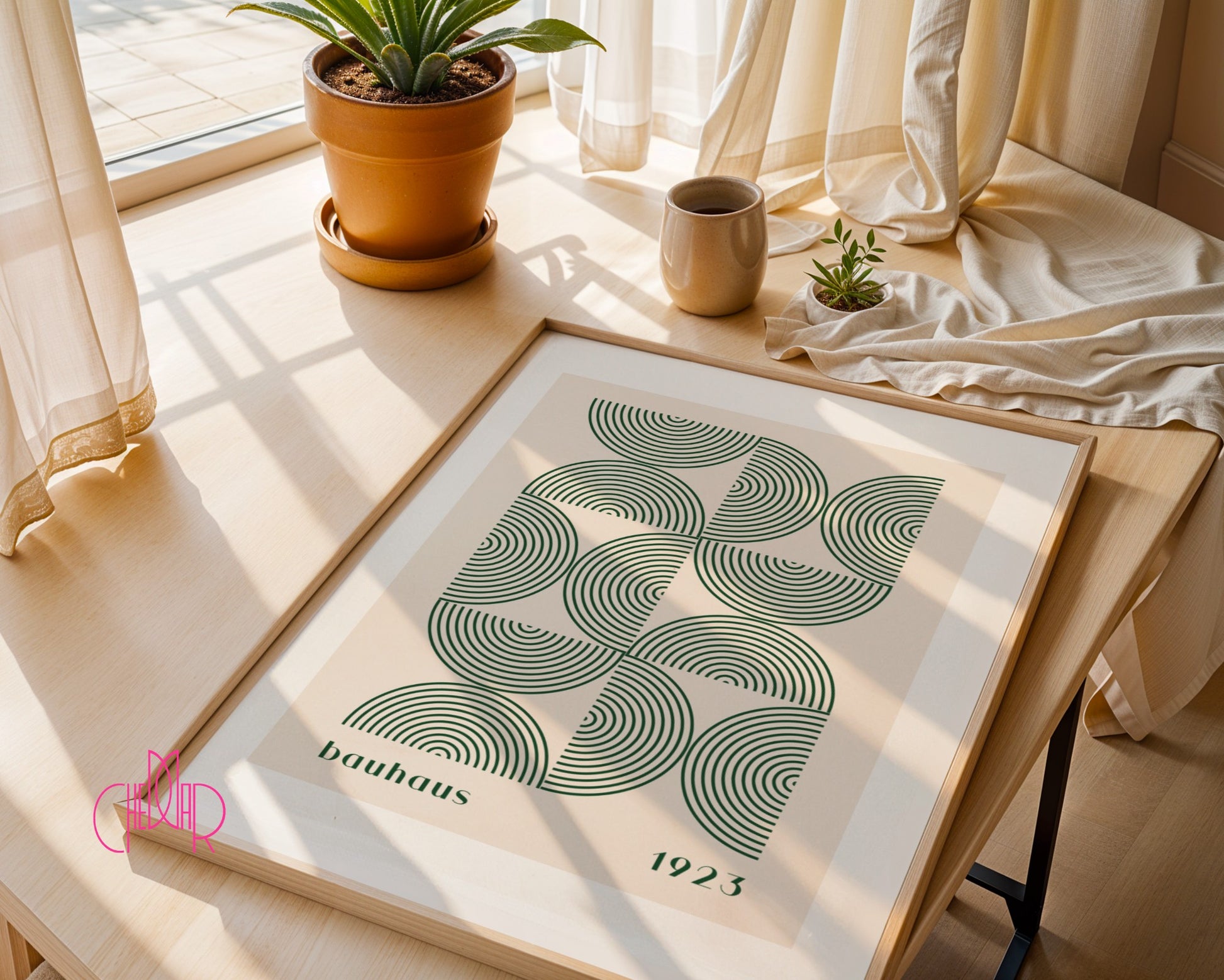 Bauhaus Poster – Green Semicircles on a Beige Background