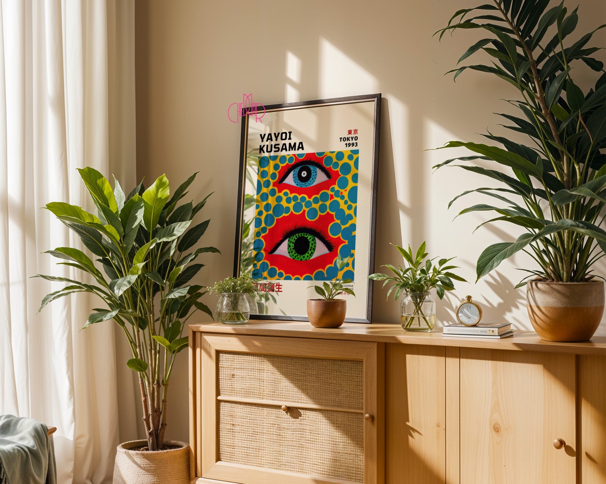Yayoi Kusama's poster, Colorful Eyes on a Red Background, Tokyo 1993