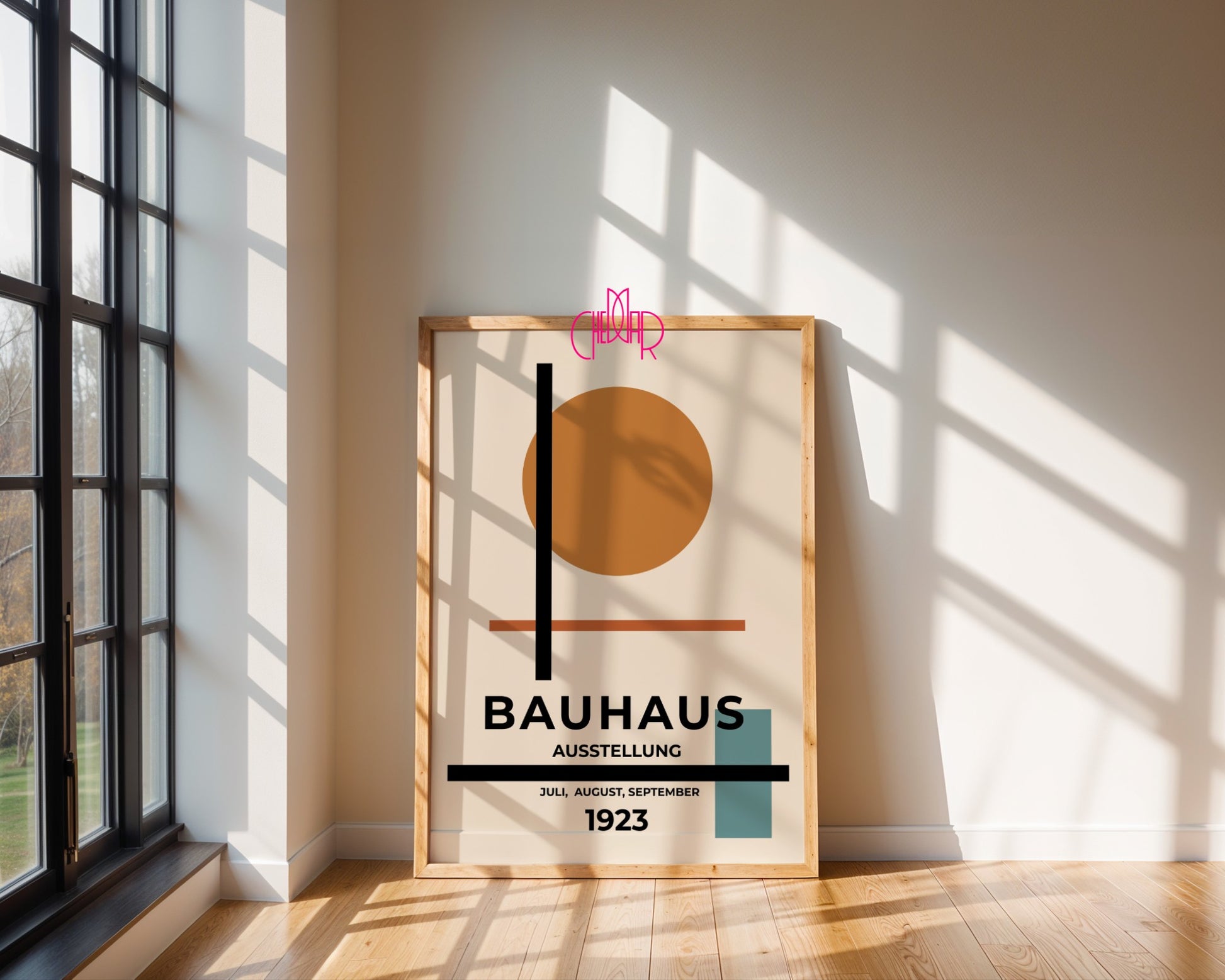 Bauhaus poster orange dot on beige background, modernism