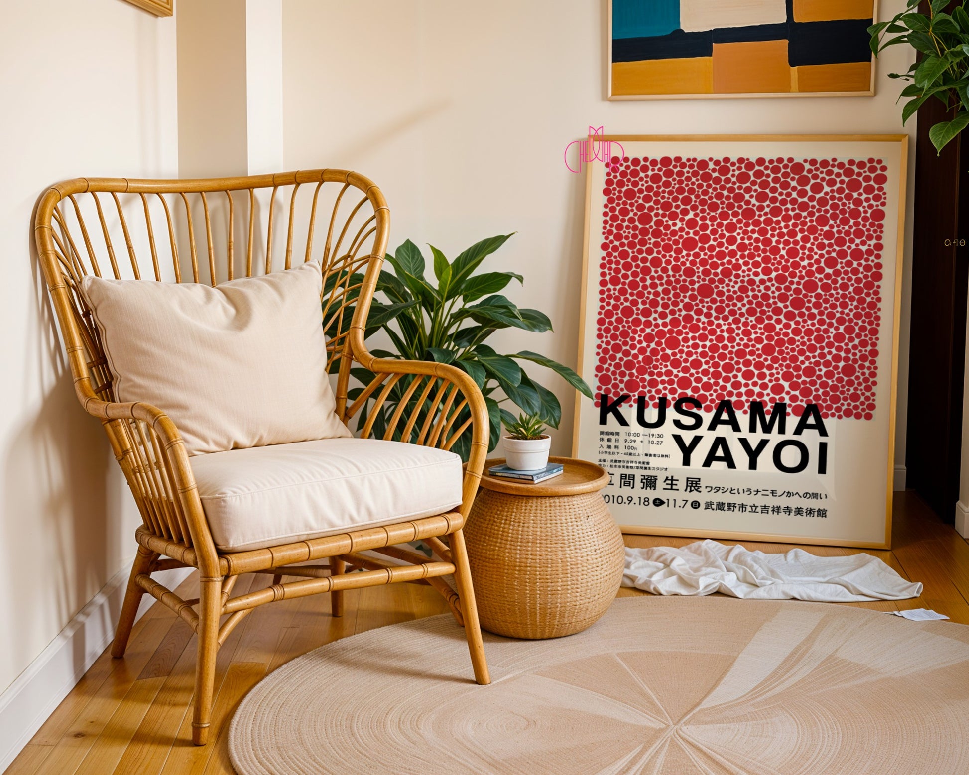 Yayoi Kusama poster, Red Polka Dots, beige background