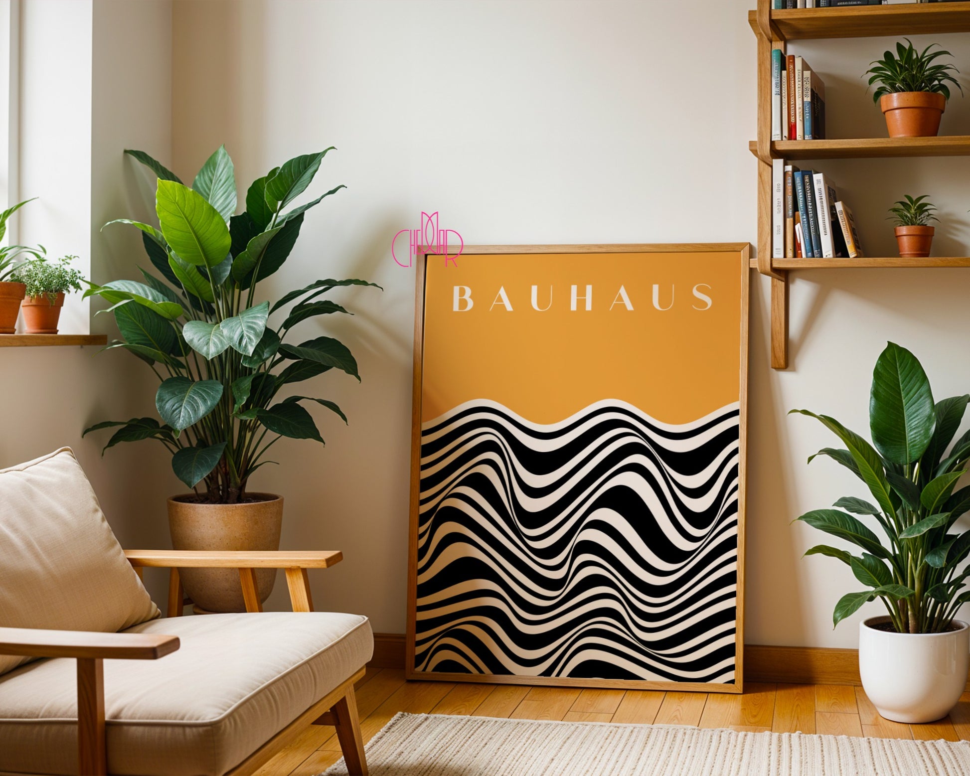 Bauhaus poster - black and white wavy lines on an orange background, vintage, retro