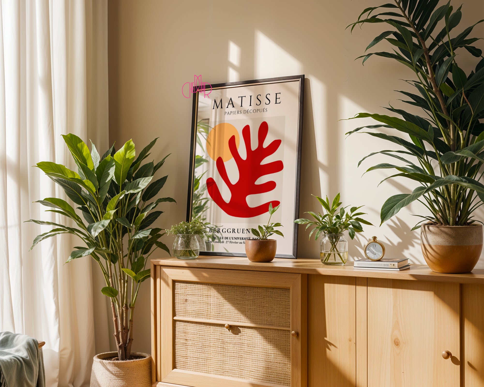 Bauhaus poster red "Eyes of the Prophet" on a navy blue background, modernism