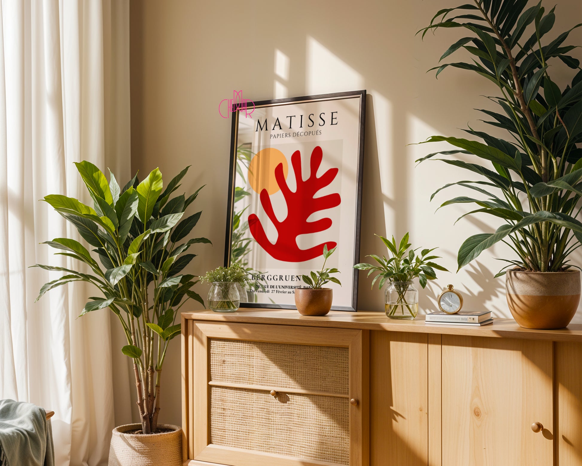 Bauhaus poster red "Eyes of the Prophet" on a navy blue background, modernism