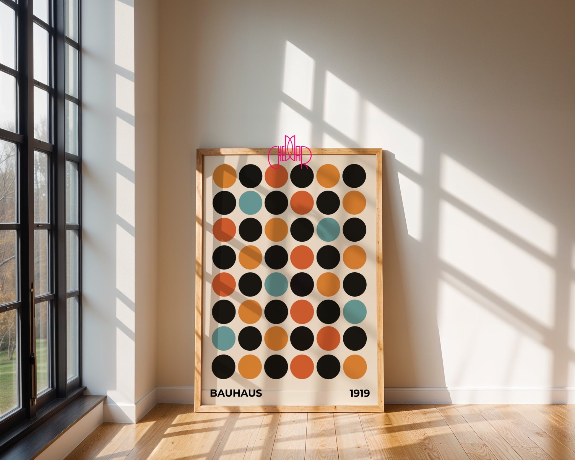 Bauhaus poster, 1919 exhibition, colorful dots on a beige background