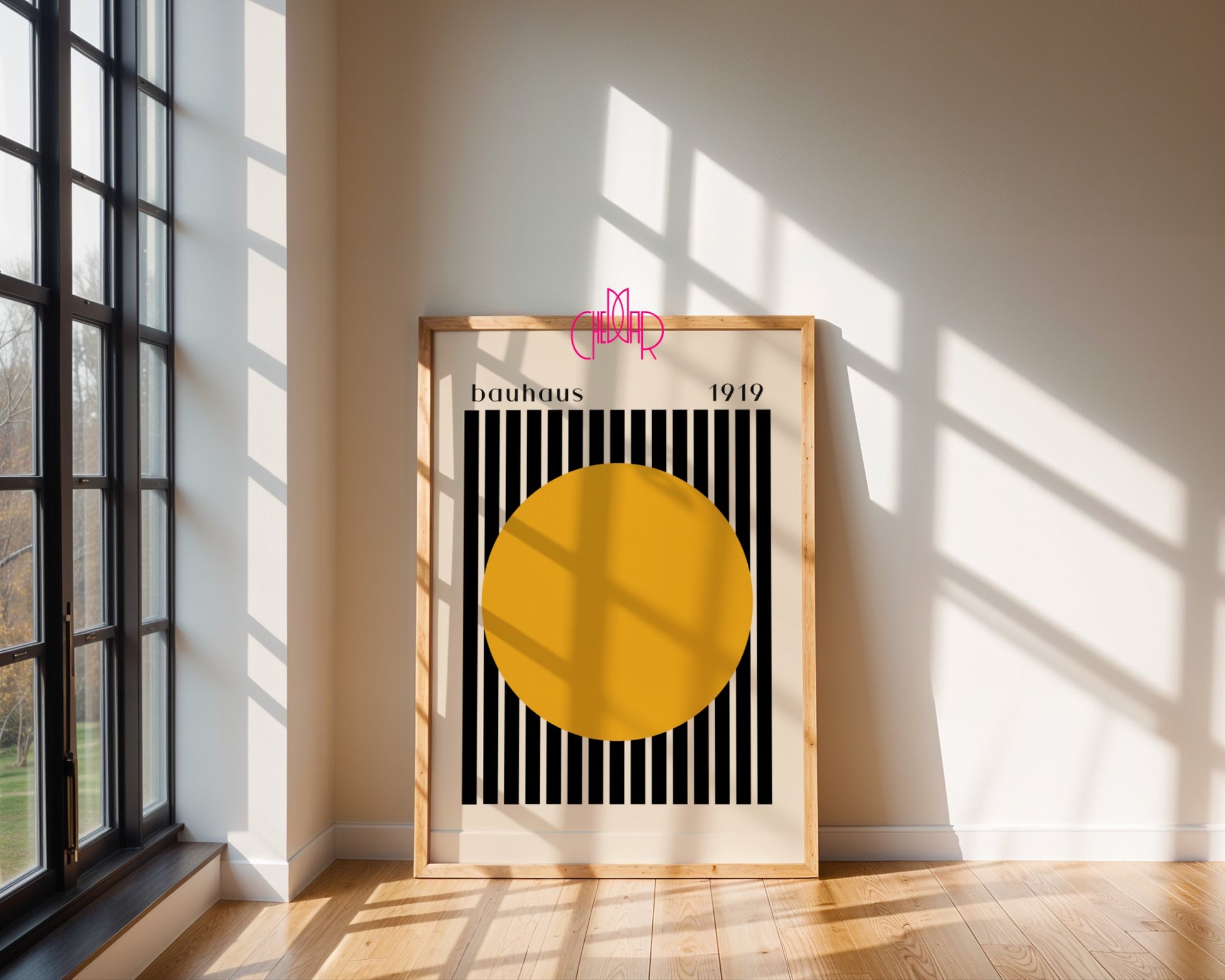 Bauhaus poster orange dot with black and beige stripes 