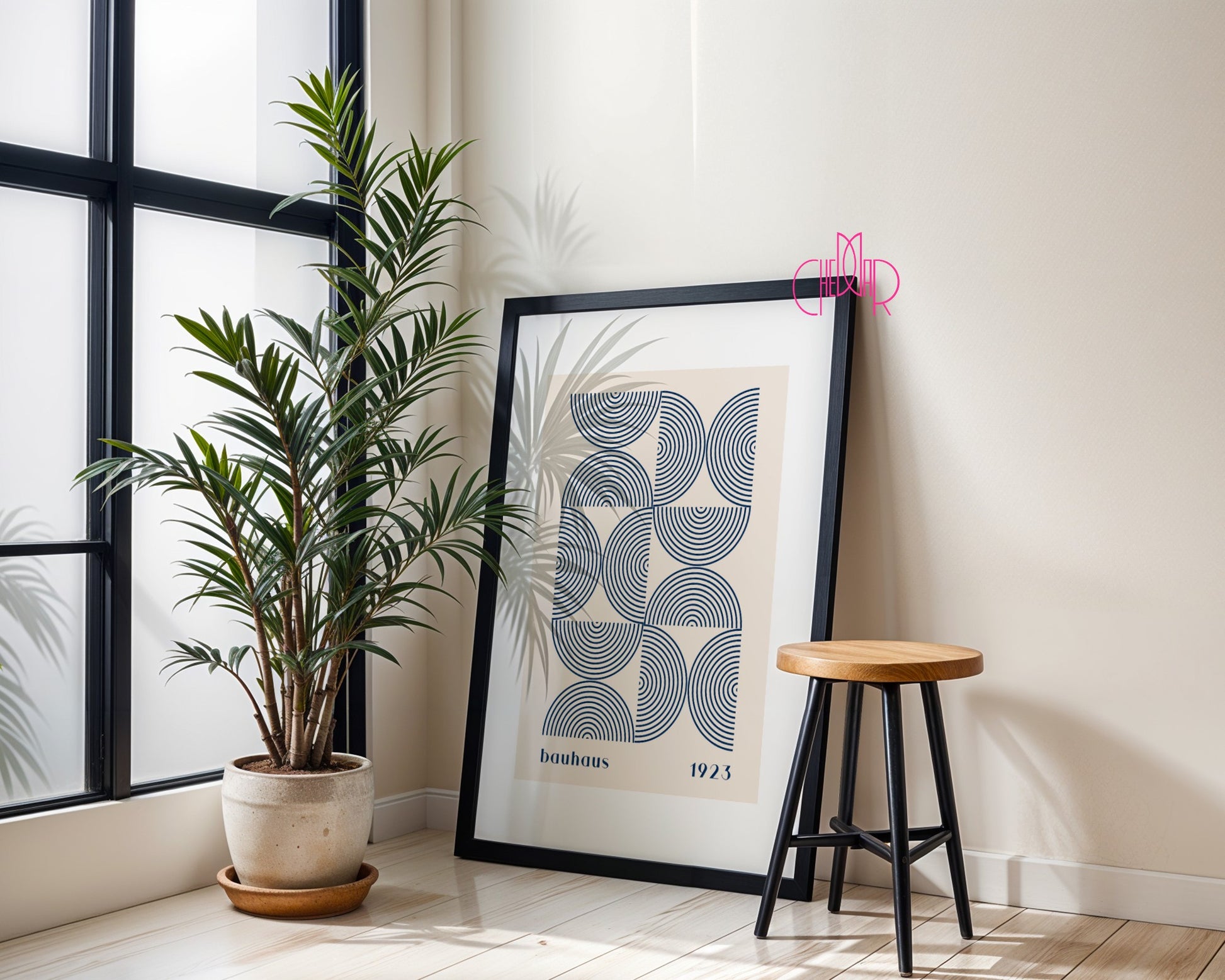 Bauhaus poster, navy blue semicircles on a beige background, contemporary art, modernism