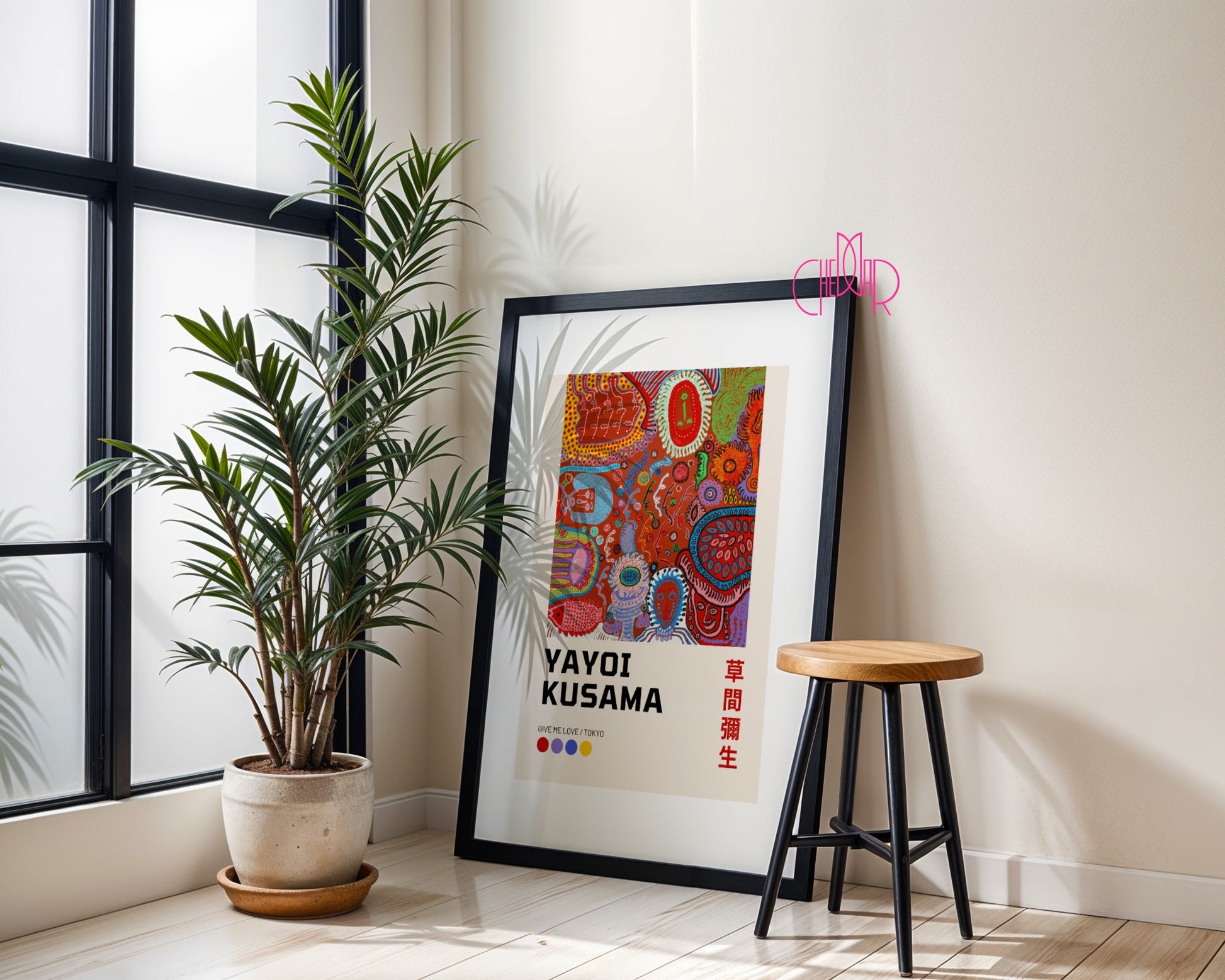 Yayoi Kusama's Give me love Tokyo poster, colorful shapes, geometry