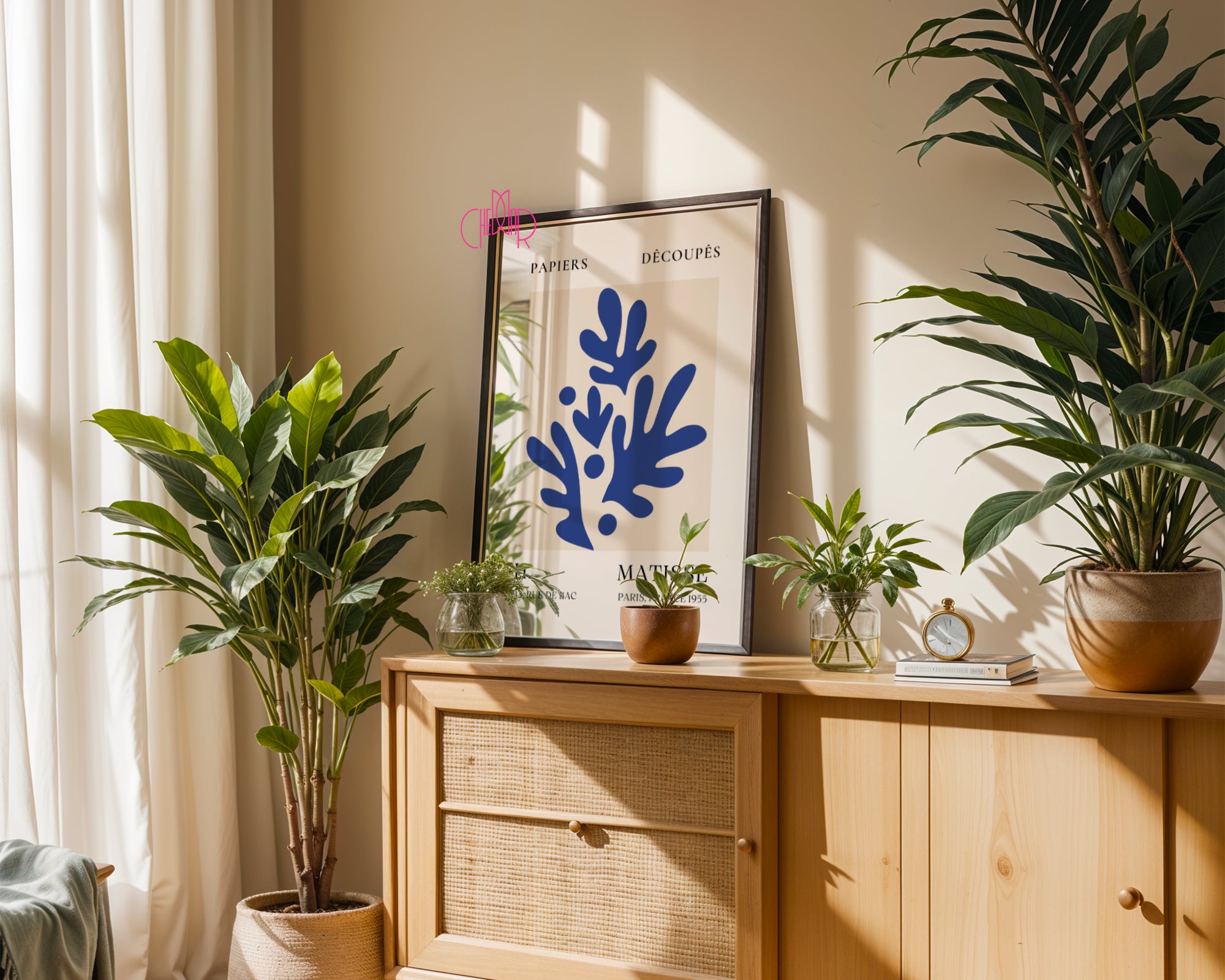 Bauhaus poster red "Eyes of the Prophet" on a navy blue background, modernism