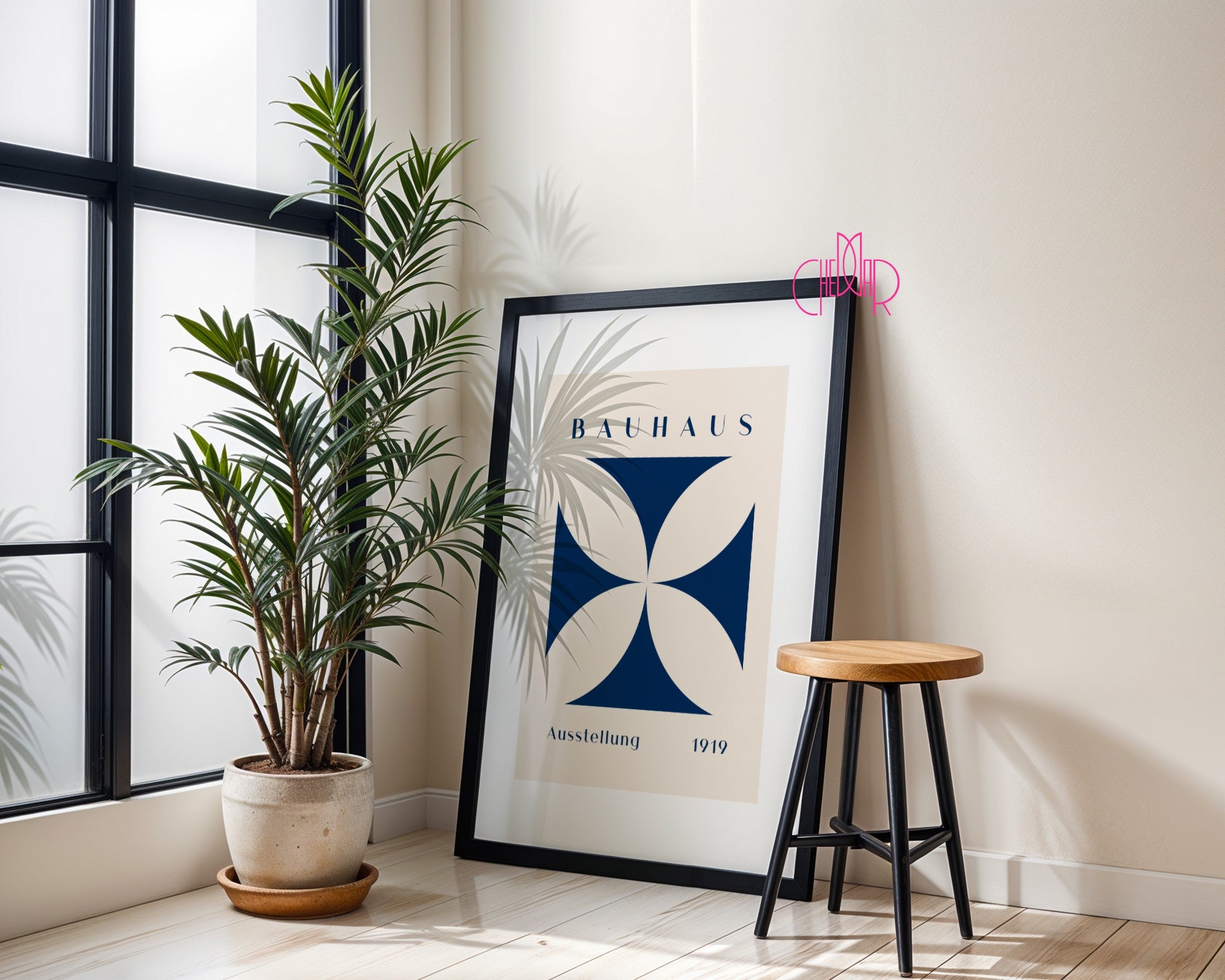 Bauhaus poster – beige flower in a navy blue square