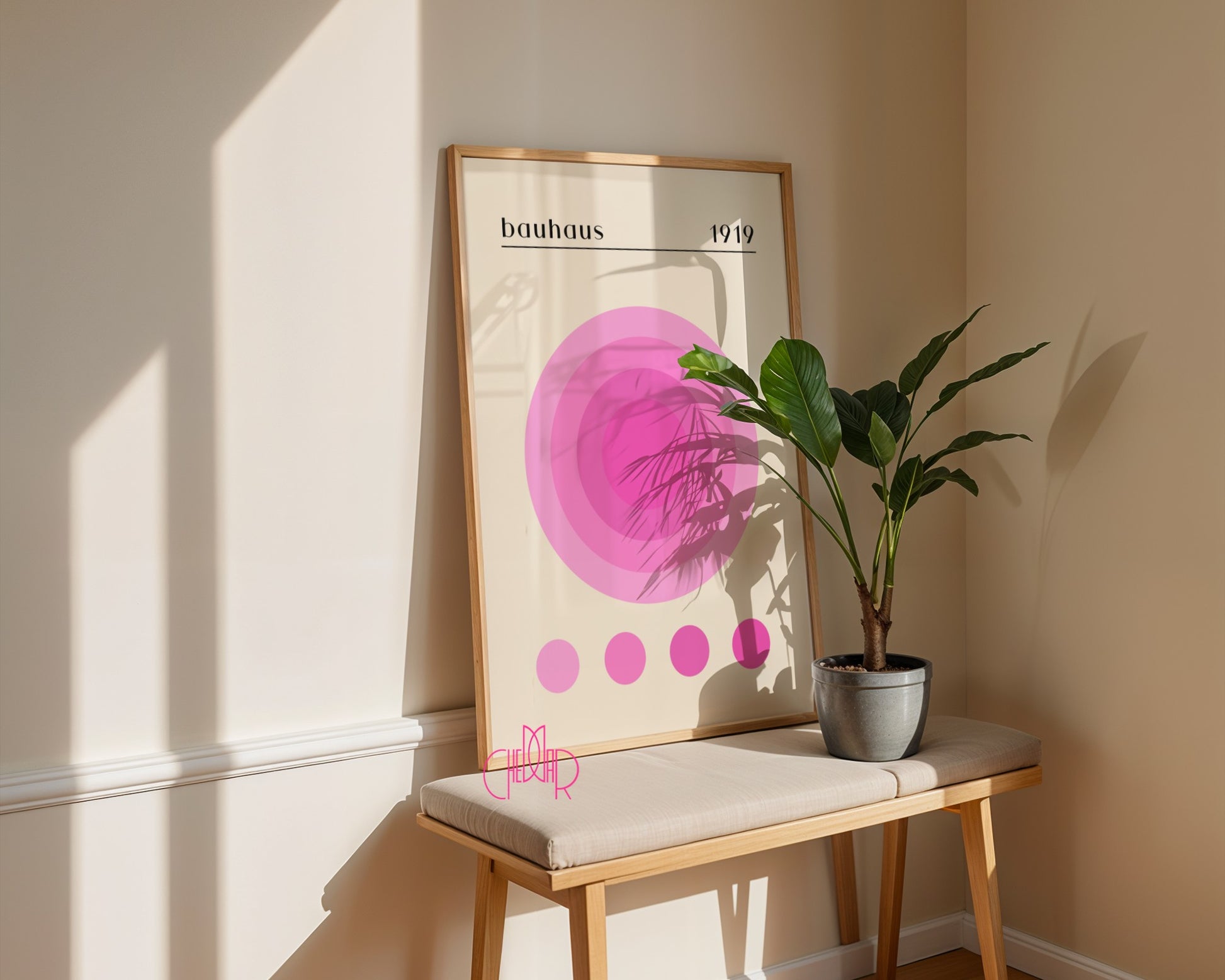 Bauhaus poster pink energy circle on beige background, retro