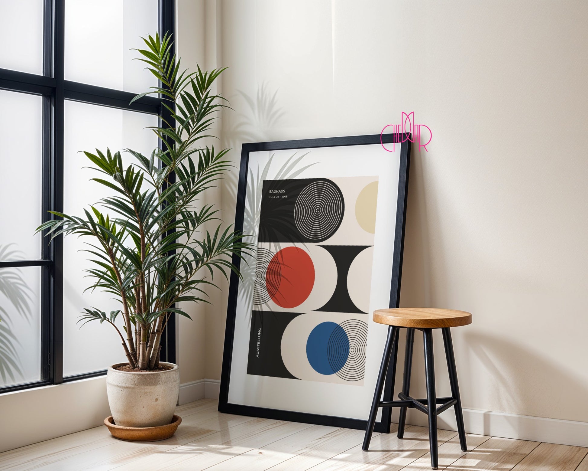 Bauhaus Poster – Red and Blue Circles on a Black and White Background