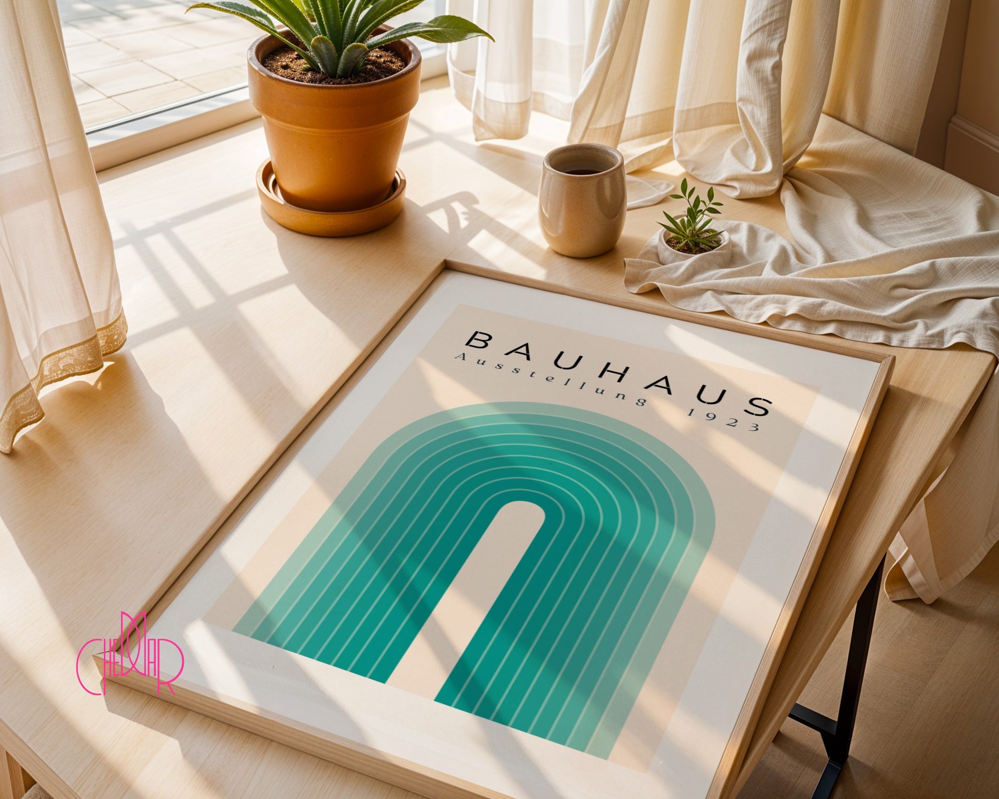 Bauhaus poster – Turquoise lines on a beige background, exhibition 1919