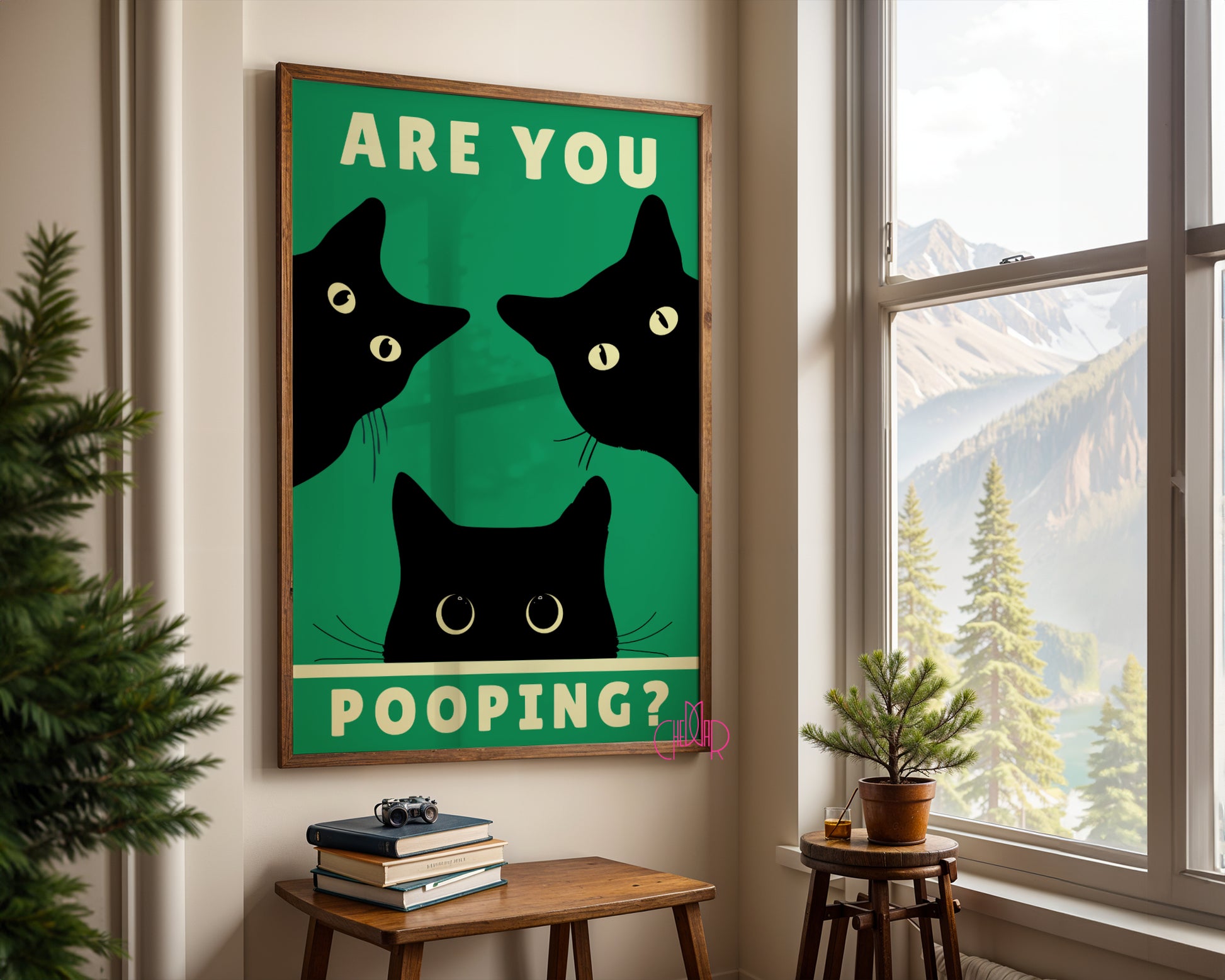 "Are You Pooping?" poster with black cats