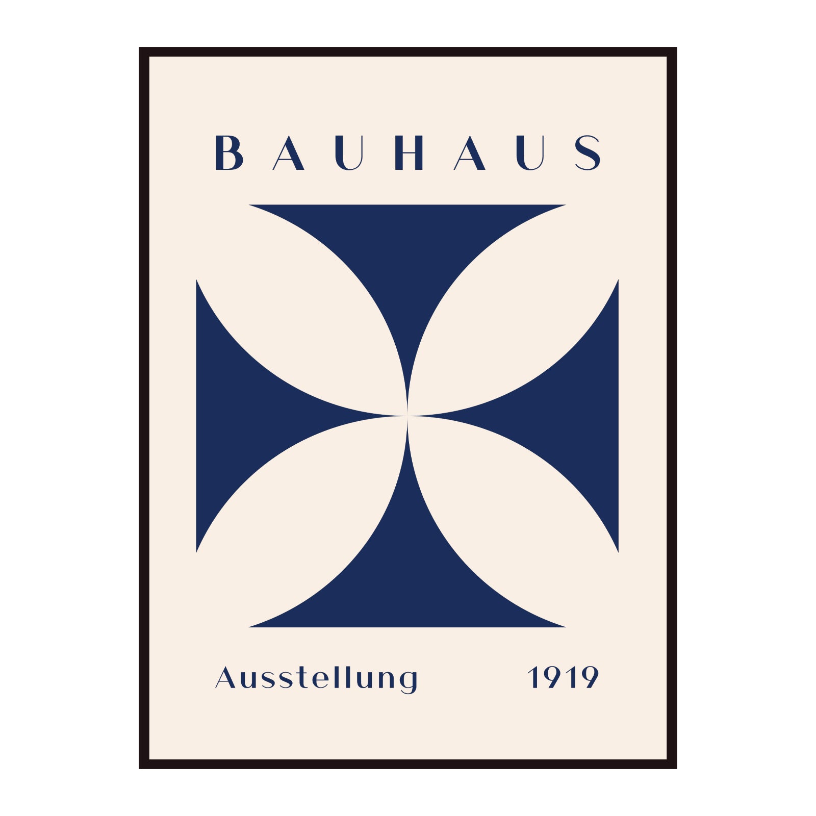 Bauhaus poster with navy blue semicircles on a beige background
