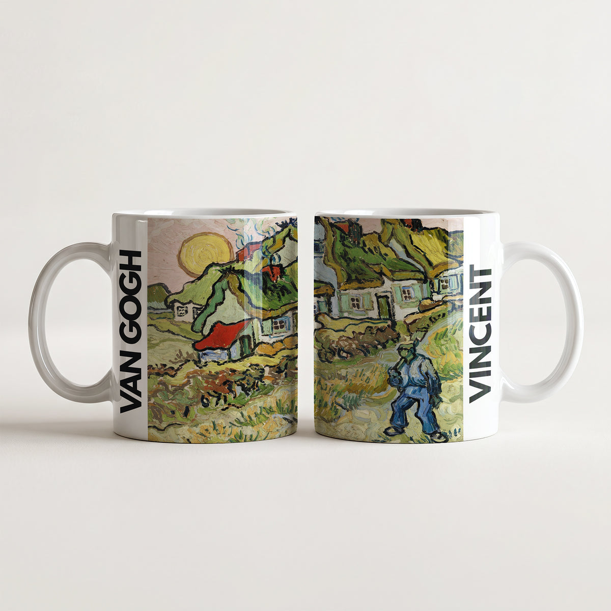 Kubek ceramiczny z nadrukiem obrazu Vincent van Gogh Chaty i idący wieśniak 1890 z wiejskim krajobrazem i słońcem