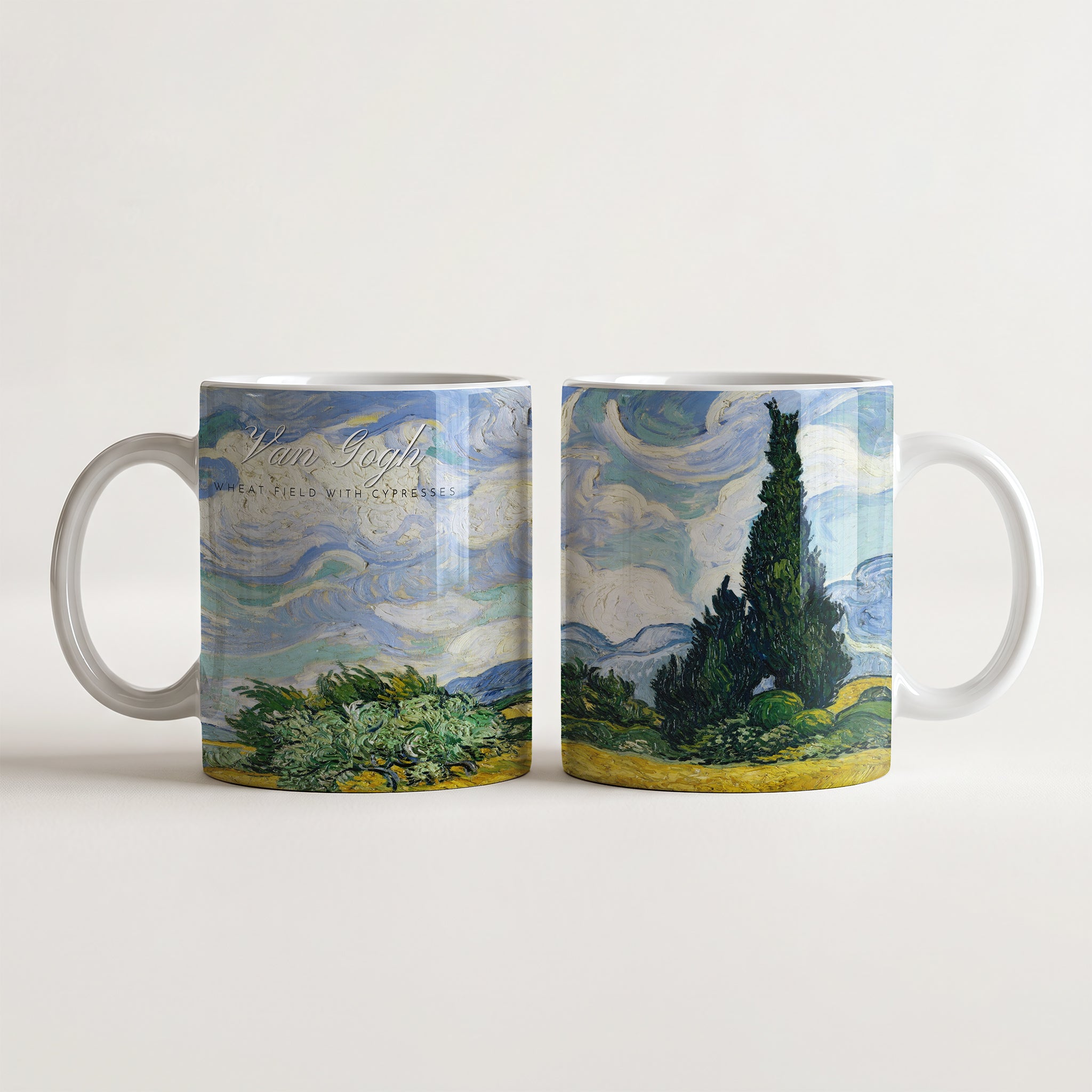 Kubek ceramiczny z nadrukiem obrazu Vincent van Gogh Pole pszenicy z cyprysami 1889 ze świdrującym niebem i złocistym polem