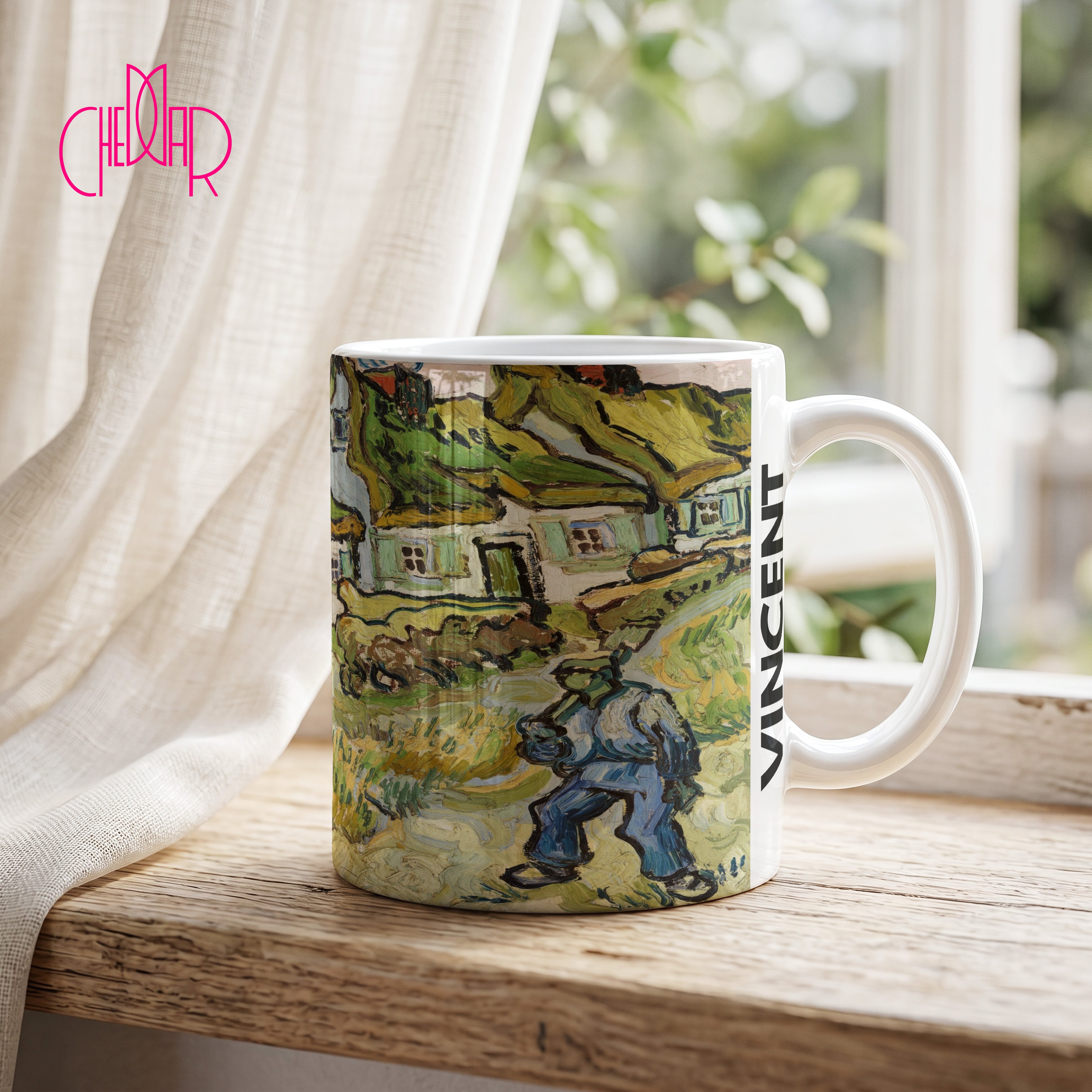 Van Gogh Cottages with Man Walking - Ceramic Art Mug | CheddarArt