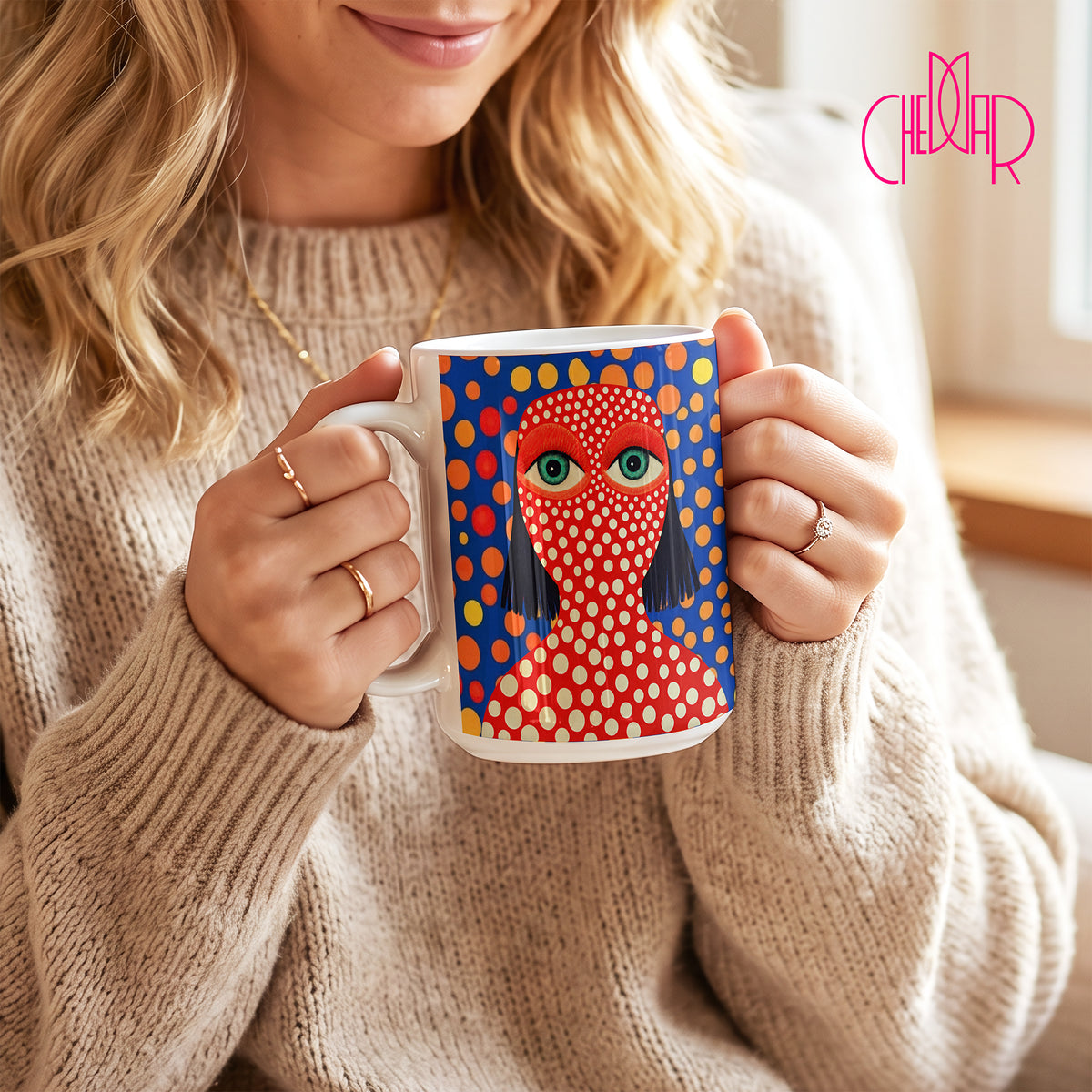 Yayoi Kusama Red Portrait Dots - Ceramic Mug | CheddarArt