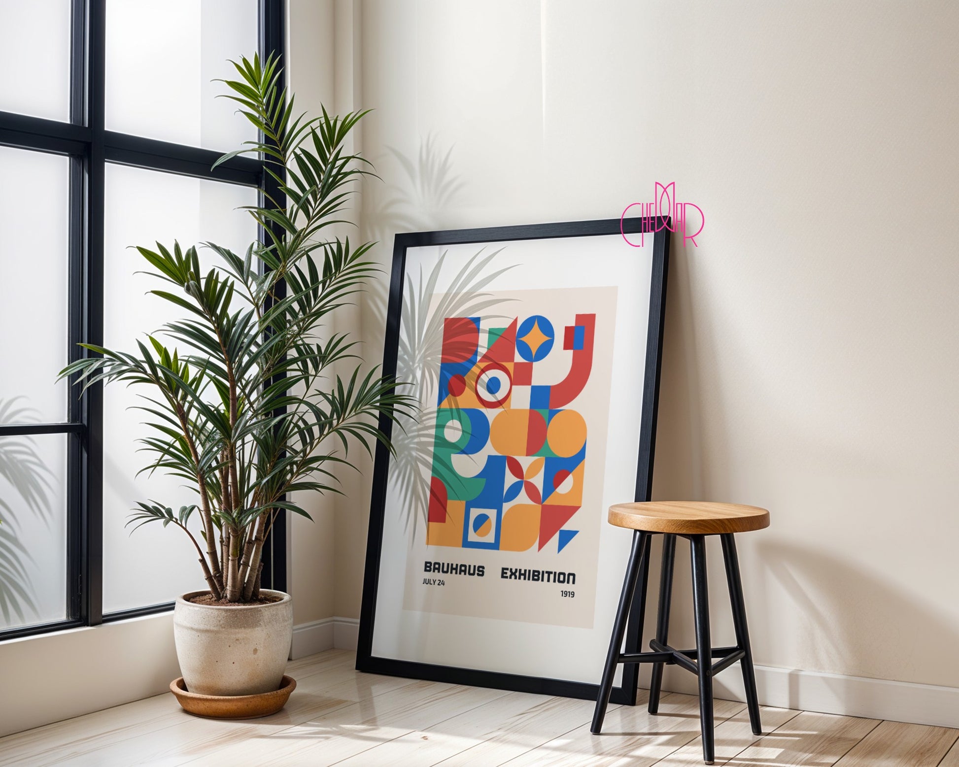 Bauhaus poster – Colorful abstract shapes on a beige background, exhibition 1919