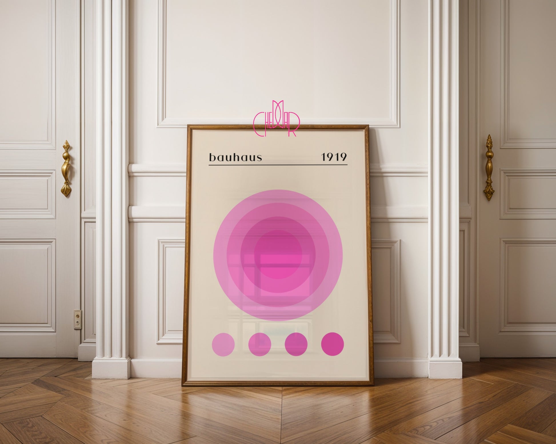 Bauhaus poster pink energy circle on beige background, retro