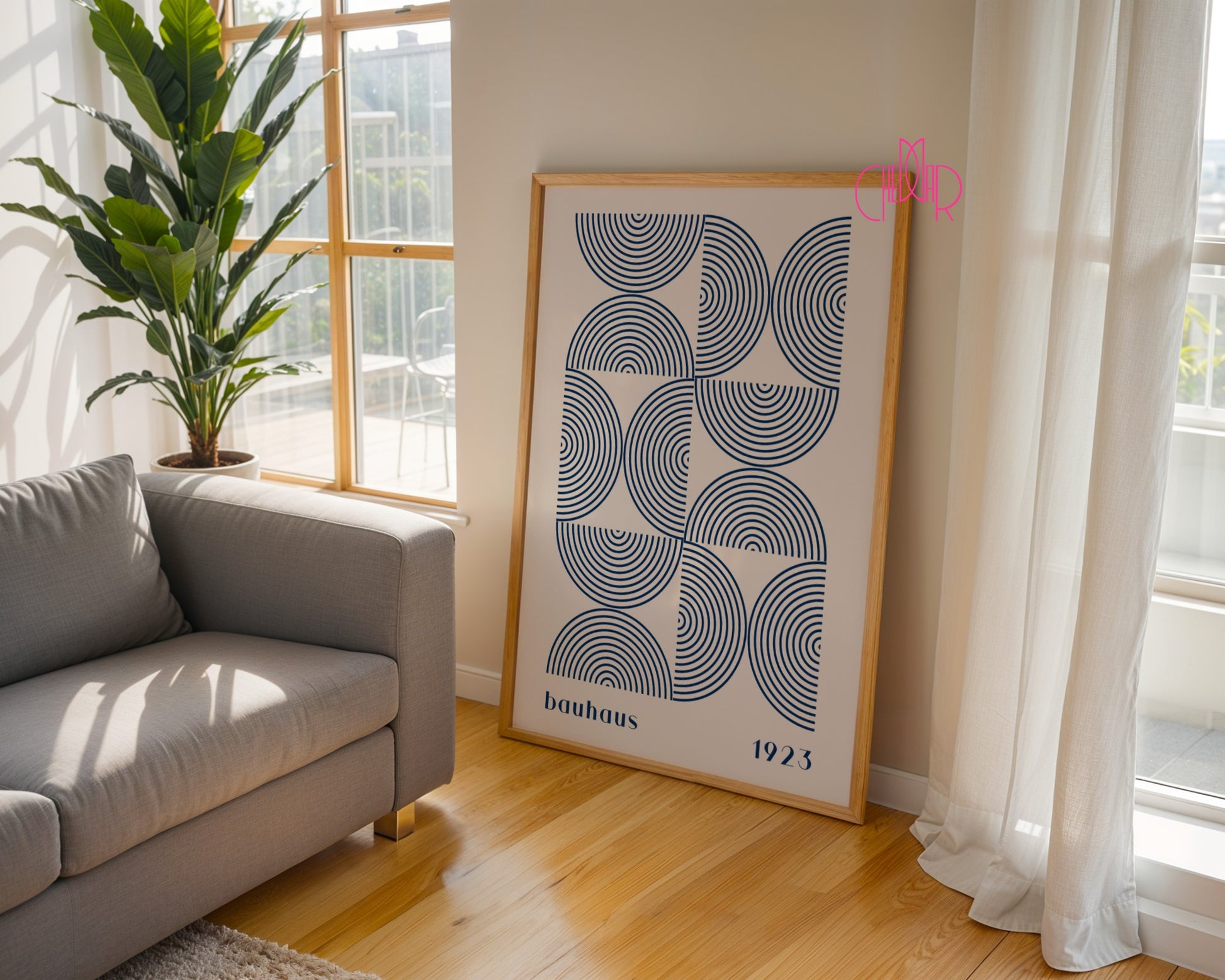 Bauhaus poster, navy blue semicircles on a beige background, contemporary art, modernism