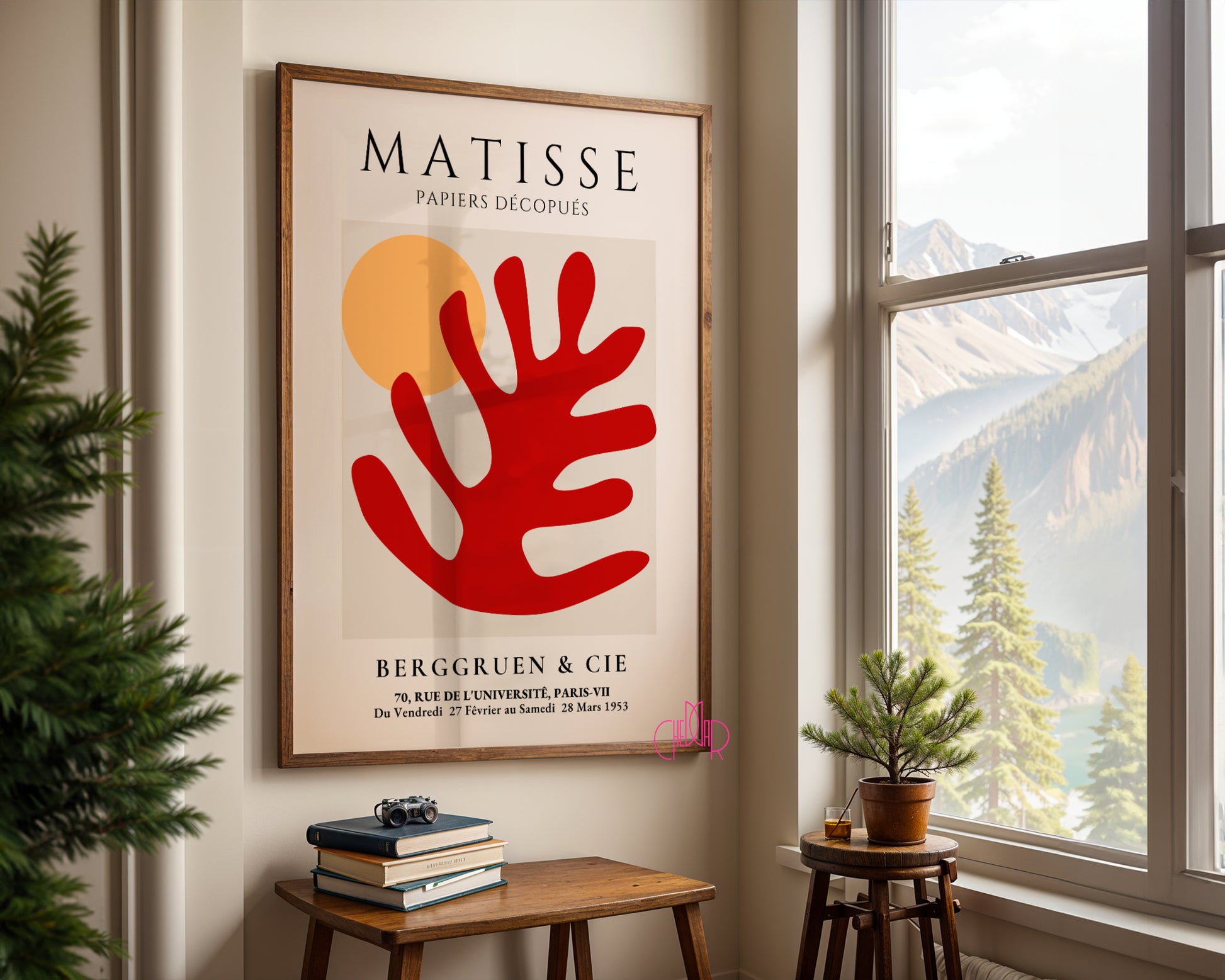 Bauhaus poster red "Eyes of the Prophet" on a navy blue background, modernism