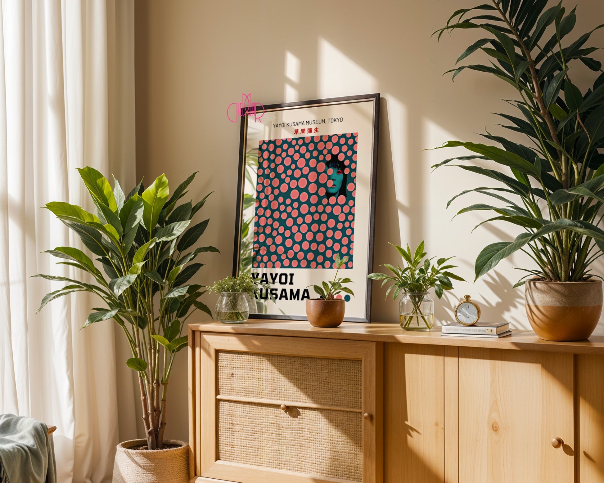Yayoi Kusama poster, modernism, pink dots on green background, Tokyo