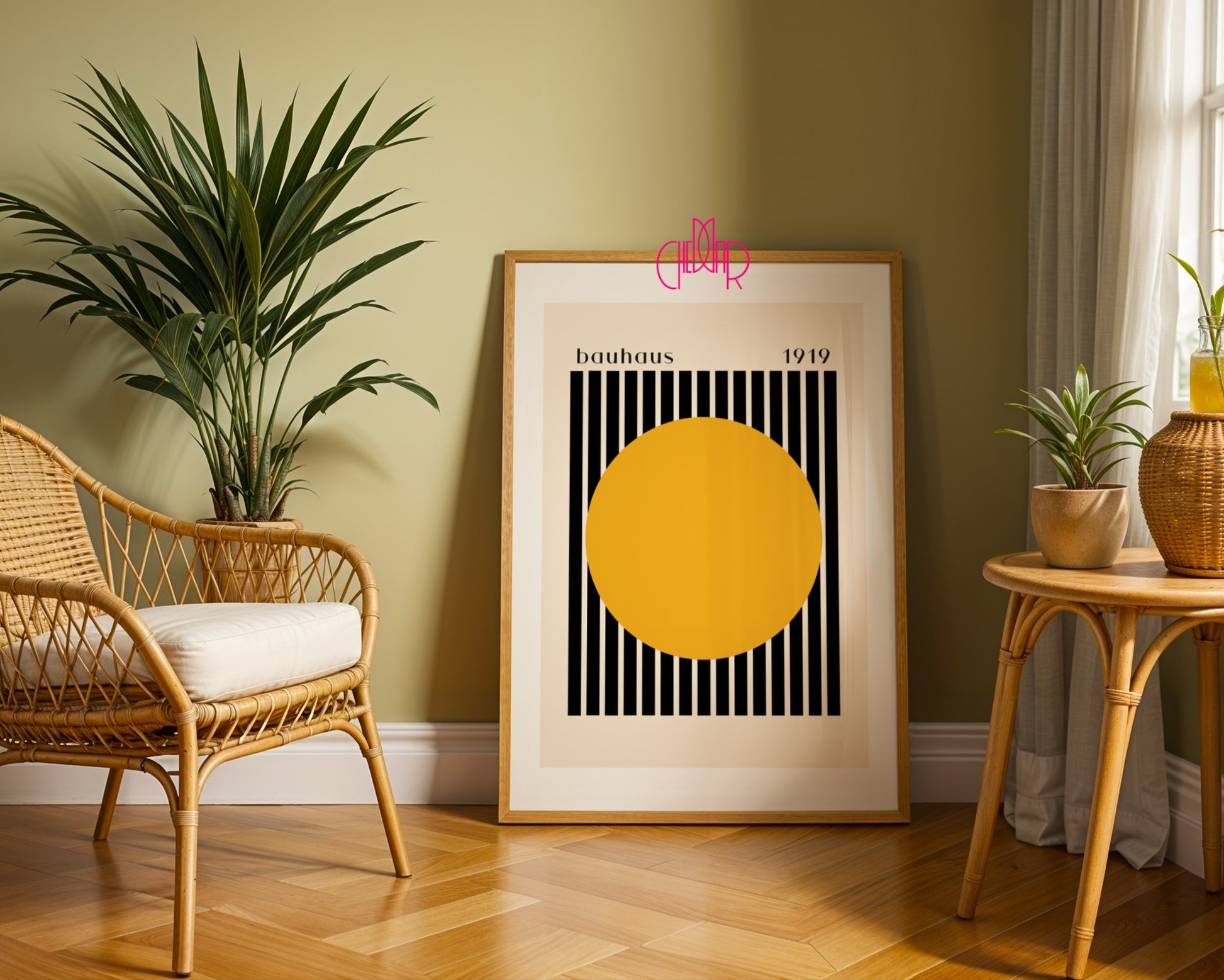 Bauhaus poster orange dot with black and beige stripes 