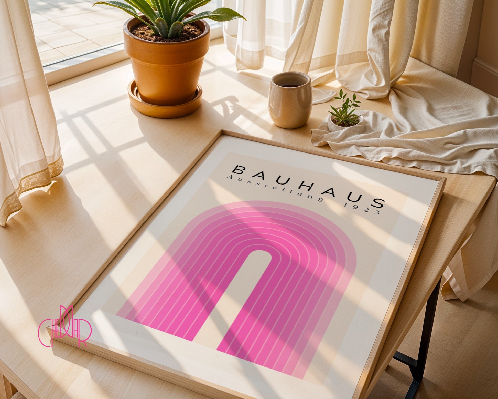 Bauhaus poster – Pink lines on a beige background, exhibition 1923