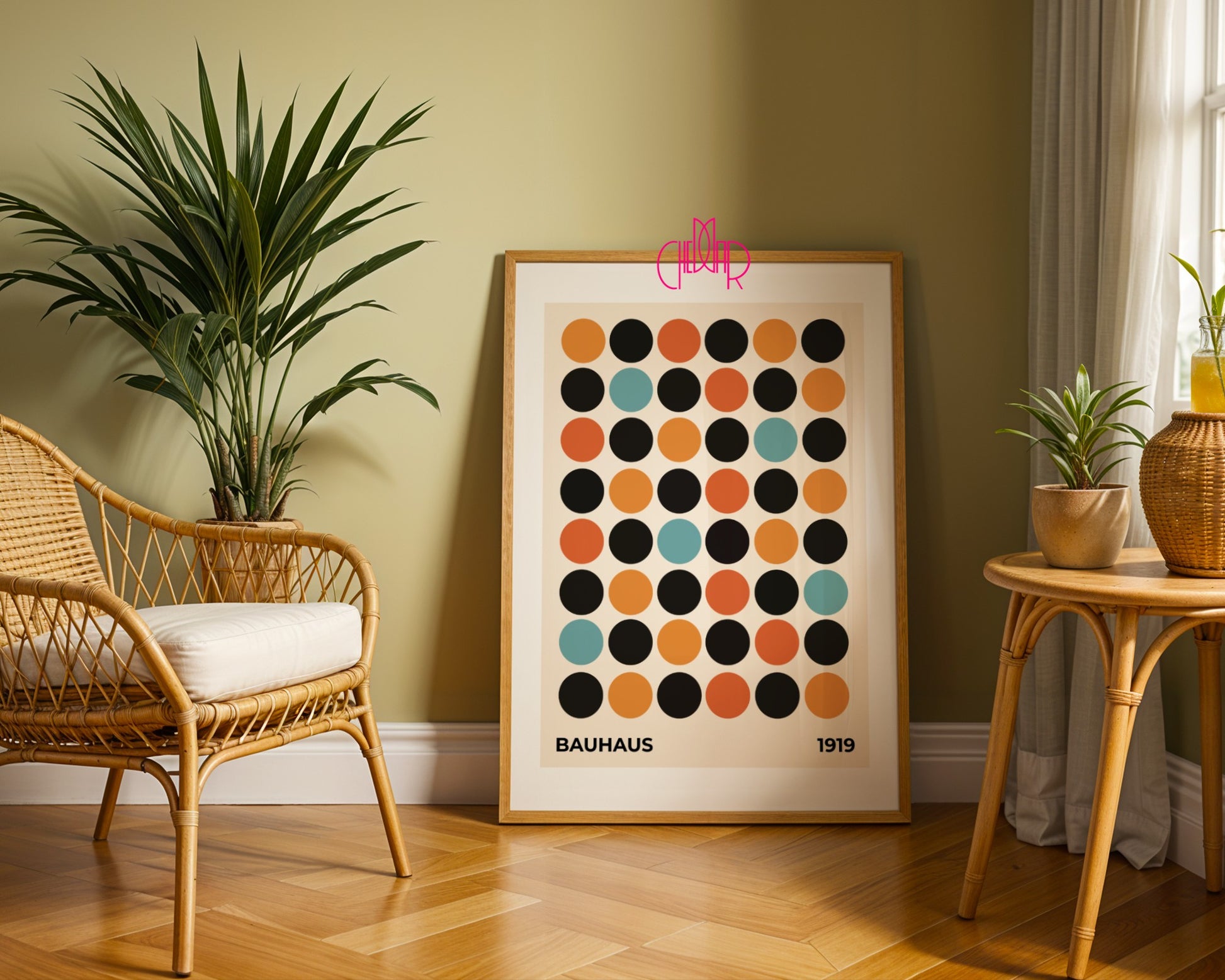 Bauhaus poster, 1919 exhibition, colorful dots on a beige background