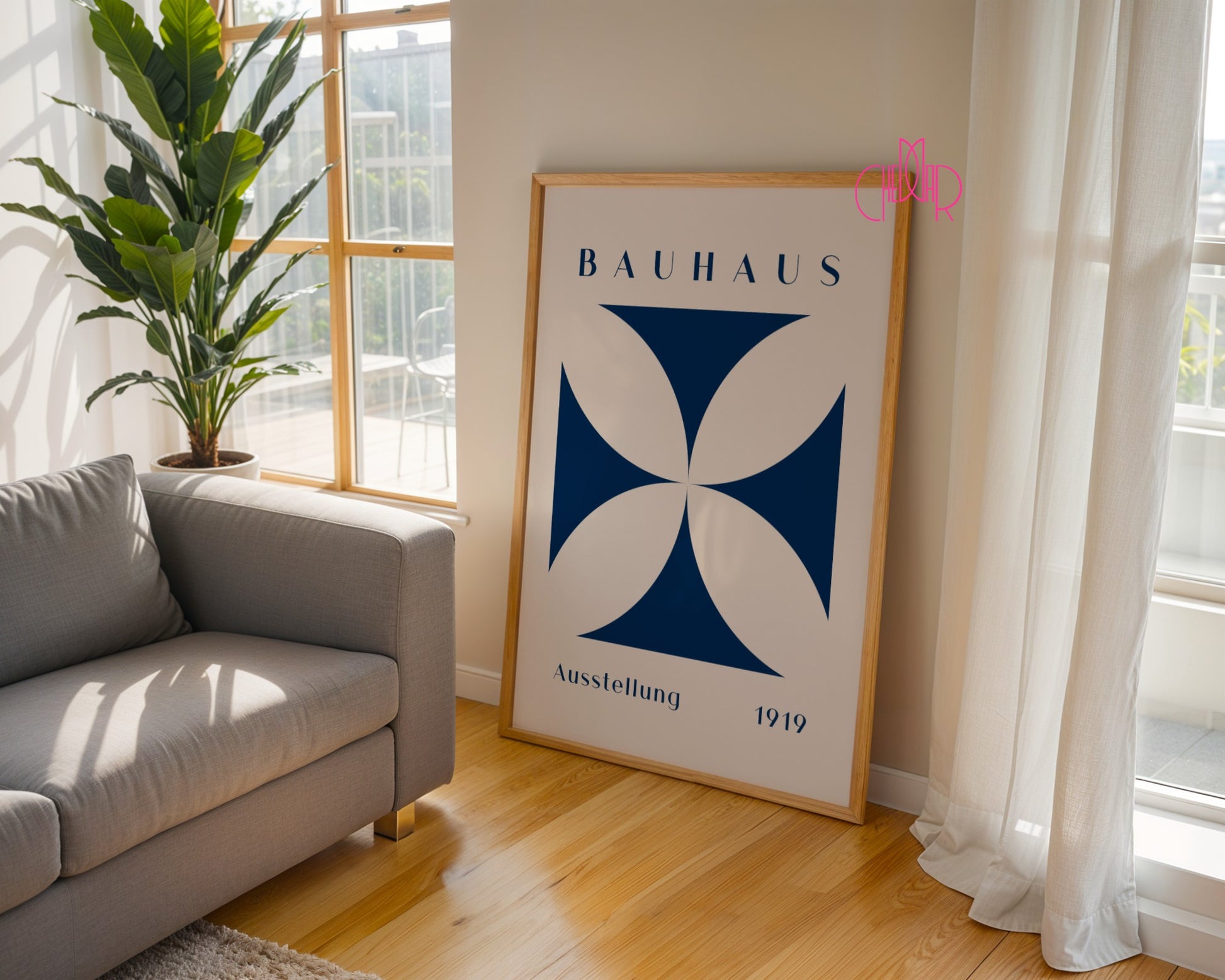 Bauhaus poster – beige flower in a navy blue square