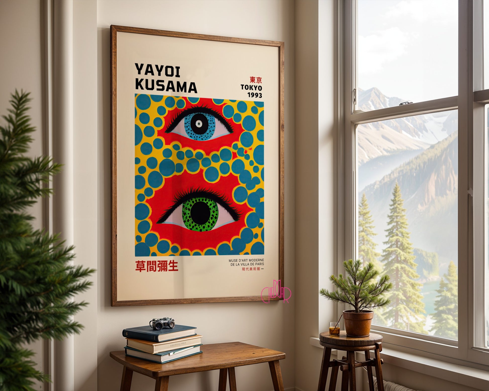 Yayoi Kusama's poster, Colorful Eyes on a Red Background, Tokyo 1993