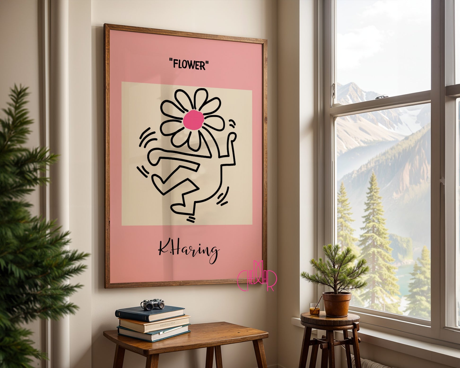 Keith Haring Flower poster, dancing flower, street art, pop art 