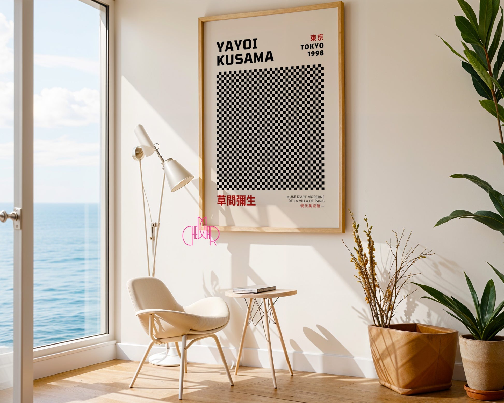 Yayoi Kusama poster, black and beige squares, checkerboard, Tokyo 1998