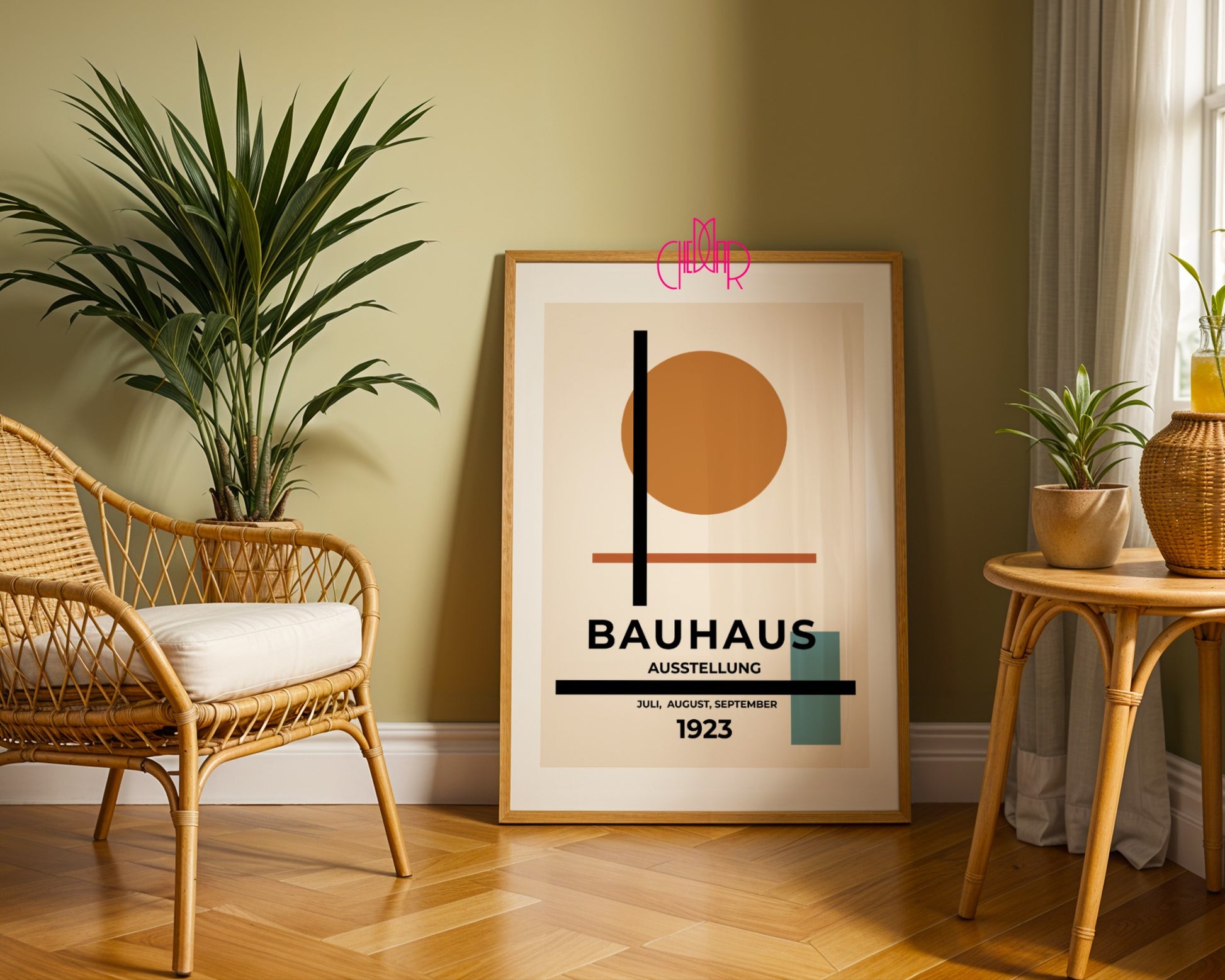 Bauhaus poster orange dot on beige background, modernism